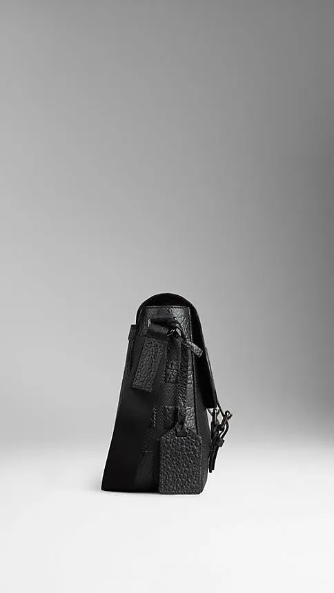 Burberry  - Embossed Check Detail Leather Messenger Bag