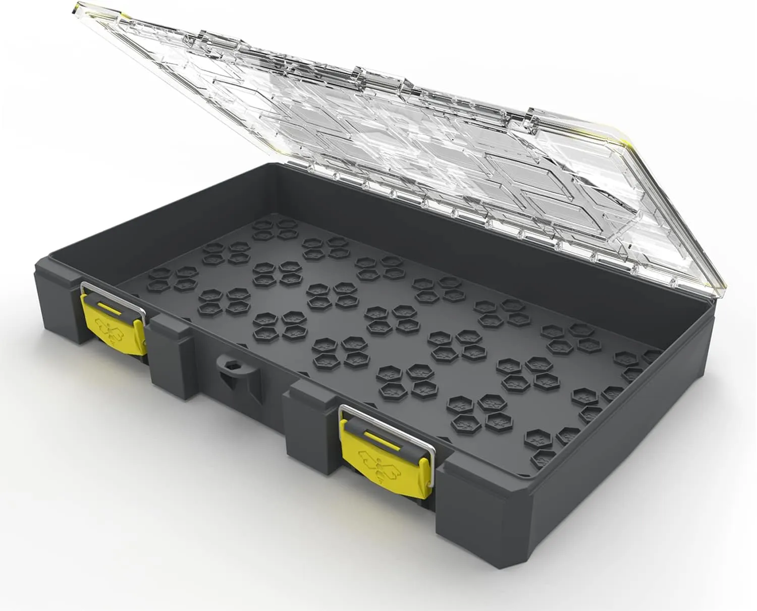 BUZBE Colony 28 Modular Tackle Box (Empty), Customizable Waterproof Tackle Box, Dry Box, Plastic Storage Organizer Box, Saltwater Tackle Box, Parts Box, Grey and Yellow (BZBEC28)