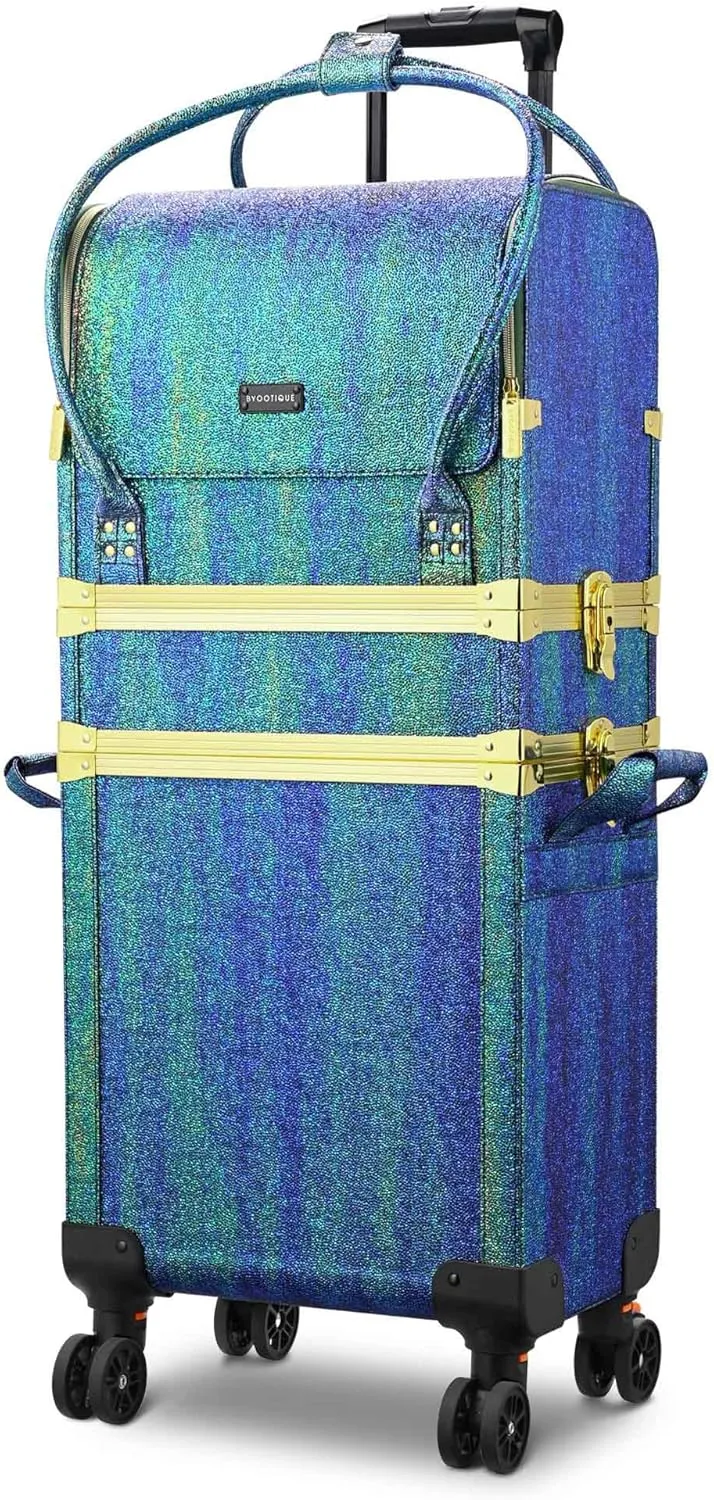 BYOOTIQUE 3 IN1 Rolling Makeup Case Sequin Cosmetic Case Artist Travel Train Case Lockable Rolling Leather Trolley with Removable Belt and Organizer Storage Hand Bag, Malachite Green