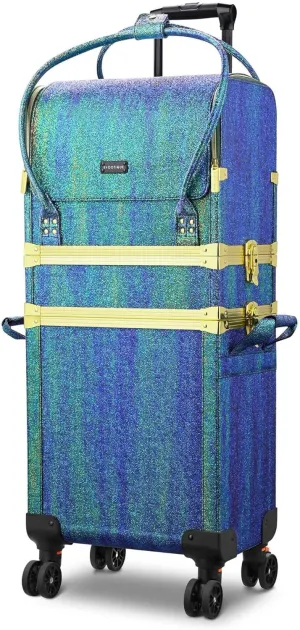 BYOOTIQUE 3 IN1 Rolling Makeup Case Sequin Cosmetic Case Artist Travel Train Case Lockable Rolling Leather Trolley with Removable Belt and Organizer Storage Hand Bag, Malachite Green