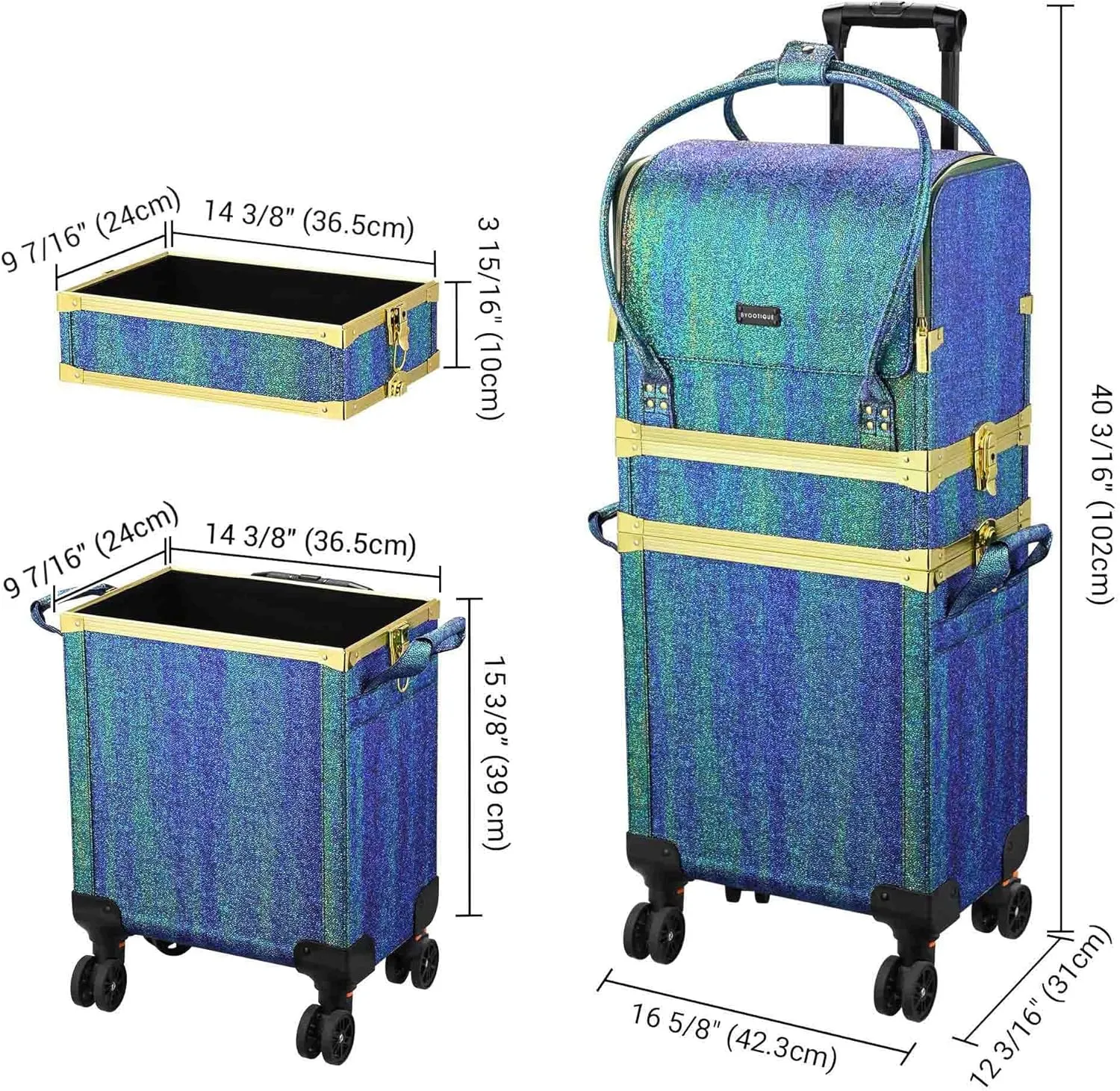 BYOOTIQUE 3 IN1 Rolling Makeup Case Sequin Cosmetic Case Artist Travel Train Case Lockable Rolling Leather Trolley with Removable Belt and Organizer Storage Hand Bag, Malachite Green