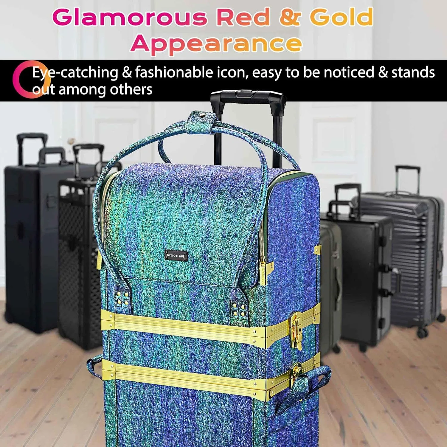 BYOOTIQUE 3 IN1 Rolling Makeup Case Sequin Cosmetic Case Artist Travel Train Case Lockable Rolling Leather Trolley with Removable Belt and Organizer Storage Hand Bag, Malachite Green
