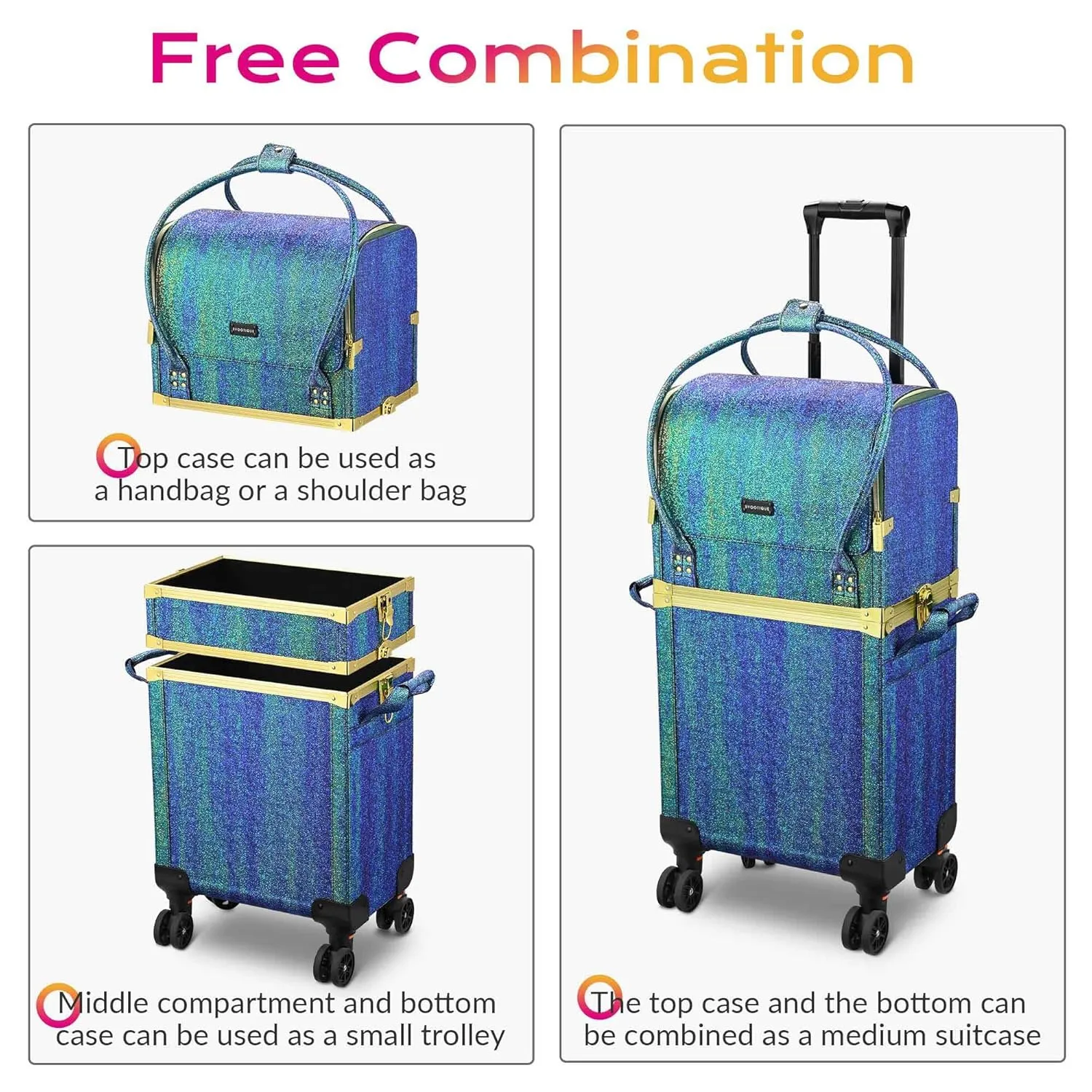 BYOOTIQUE 3IN1 Rolling Makeup Case Travel Organizer Cosmetic Case Travel Train Case Lockable Rolling Leather Trolley Organizer Storage Hand Bag For Makeup Lover Artist (Malachite Green)