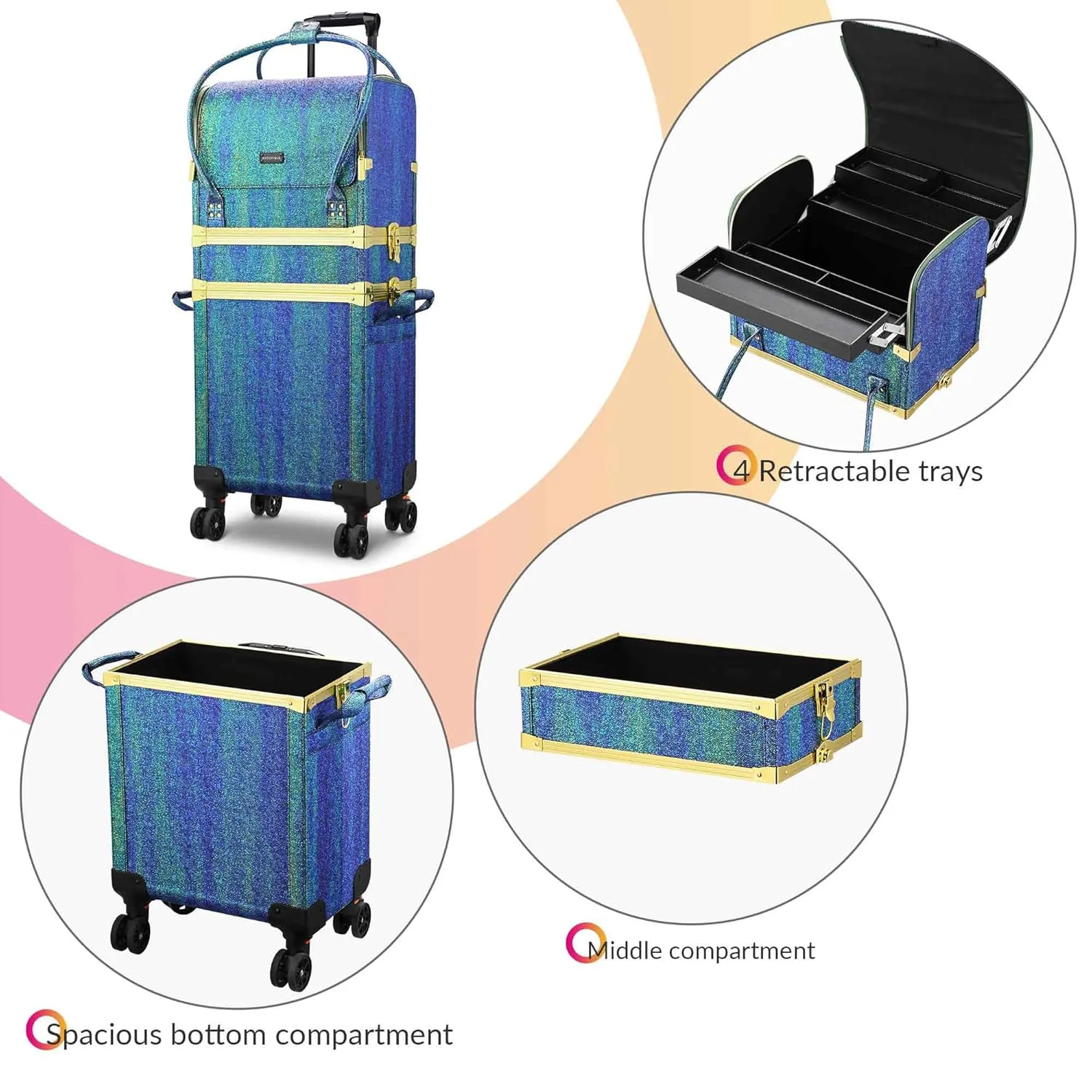 BYOOTIQUE 3IN1 Rolling Makeup Case Travel Organizer Cosmetic Case Travel Train Case Lockable Rolling Leather Trolley Organizer Storage Hand Bag For Makeup Lover Artist (Malachite Green)