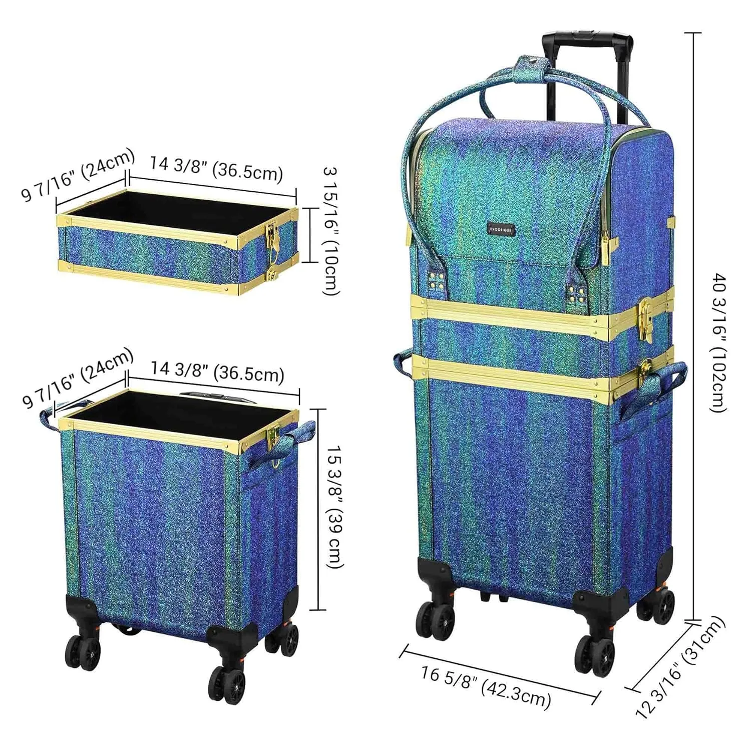 BYOOTIQUE 3IN1 Rolling Makeup Case Travel Organizer Cosmetic Case Travel Train Case Lockable Rolling Leather Trolley Organizer Storage Hand Bag For Makeup Lover Artist (Malachite Green)
