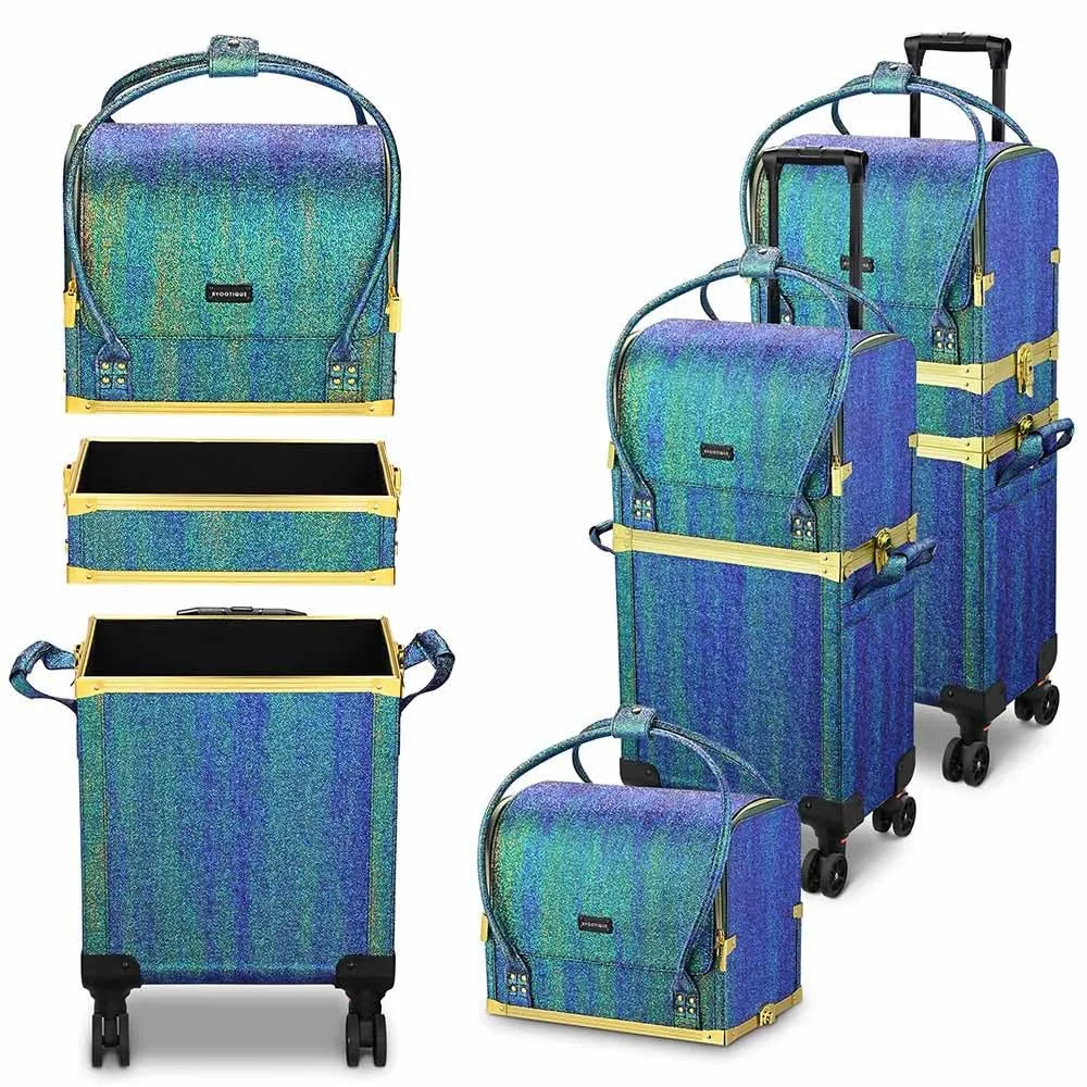 BYOOTIQUE 3IN1 Rolling Makeup Case Travel Organizer Cosmetic Case Travel Train Case Lockable Rolling Leather Trolley Organizer Storage Hand Bag For Makeup Lover Artist (Malachite Green)