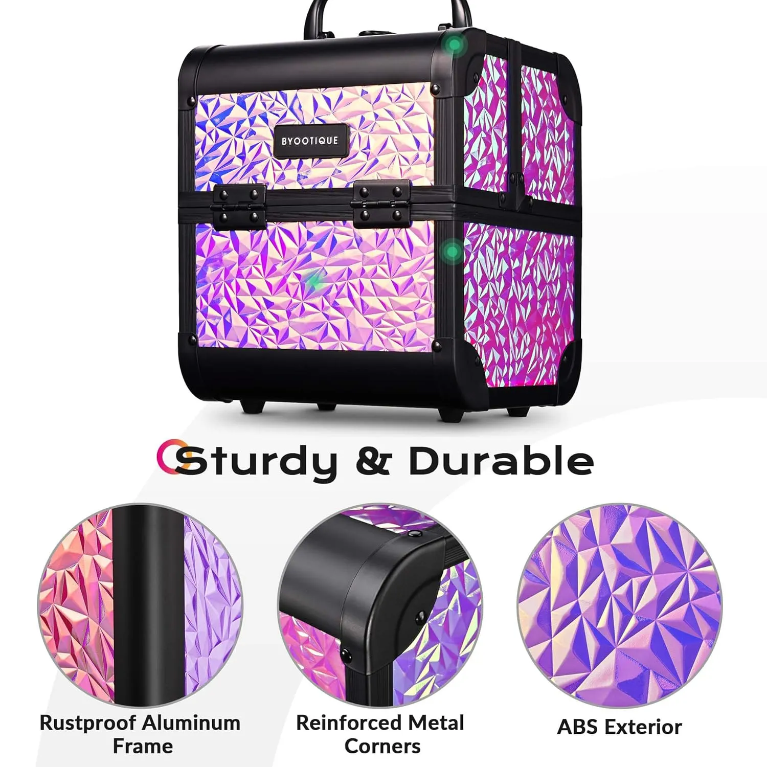 BYOOTIQUE Cosmetology Makeup Train Case 2-Tier Trays Portable Cosmetic Hairstylist Traveling Bag Storage Organizer Lockable Tattoo Box with Mirror for Artist Salon School Nail Tech,Mermaid Pink