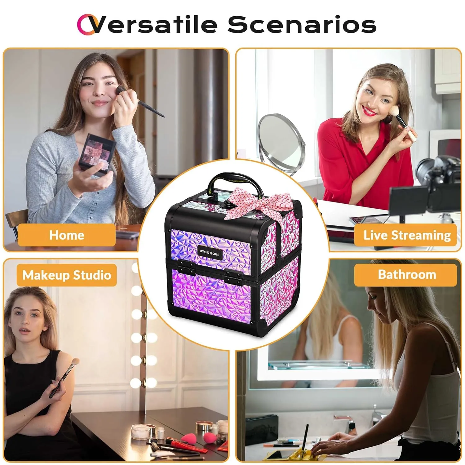BYOOTIQUE Cosmetology Makeup Train Case 2-Tier Trays Portable Cosmetic Hairstylist Traveling Bag Storage Organizer Lockable Tattoo Box with Mirror for Artist Salon School Nail Tech,Mermaid Pink