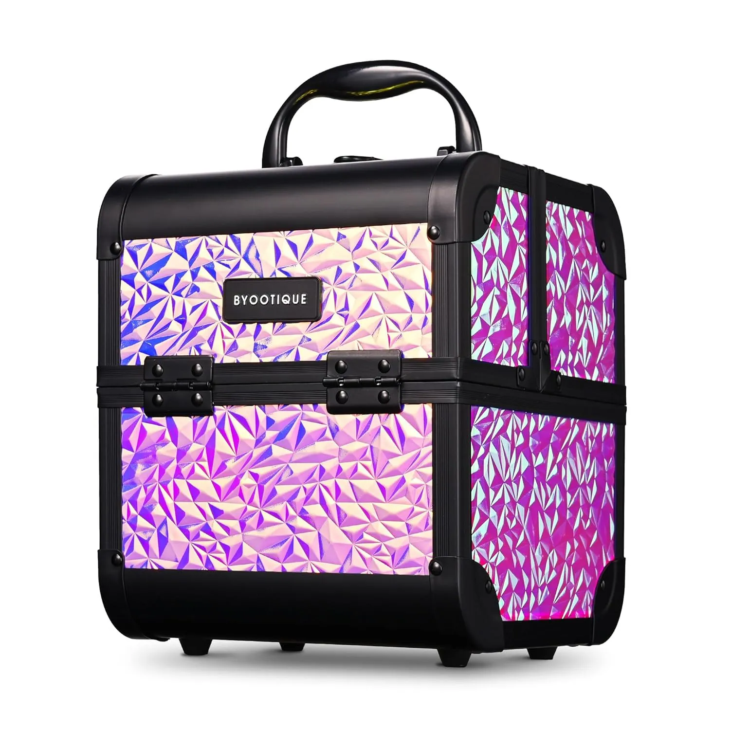 BYOOTIQUE Cosmetology Makeup Train Case 2-Tier Trays Portable Cosmetic Hairstylist Traveling Bag Storage Organizer Lockable Tattoo Box with Mirror for Artist Salon School Nail Tech,Mermaid Pink