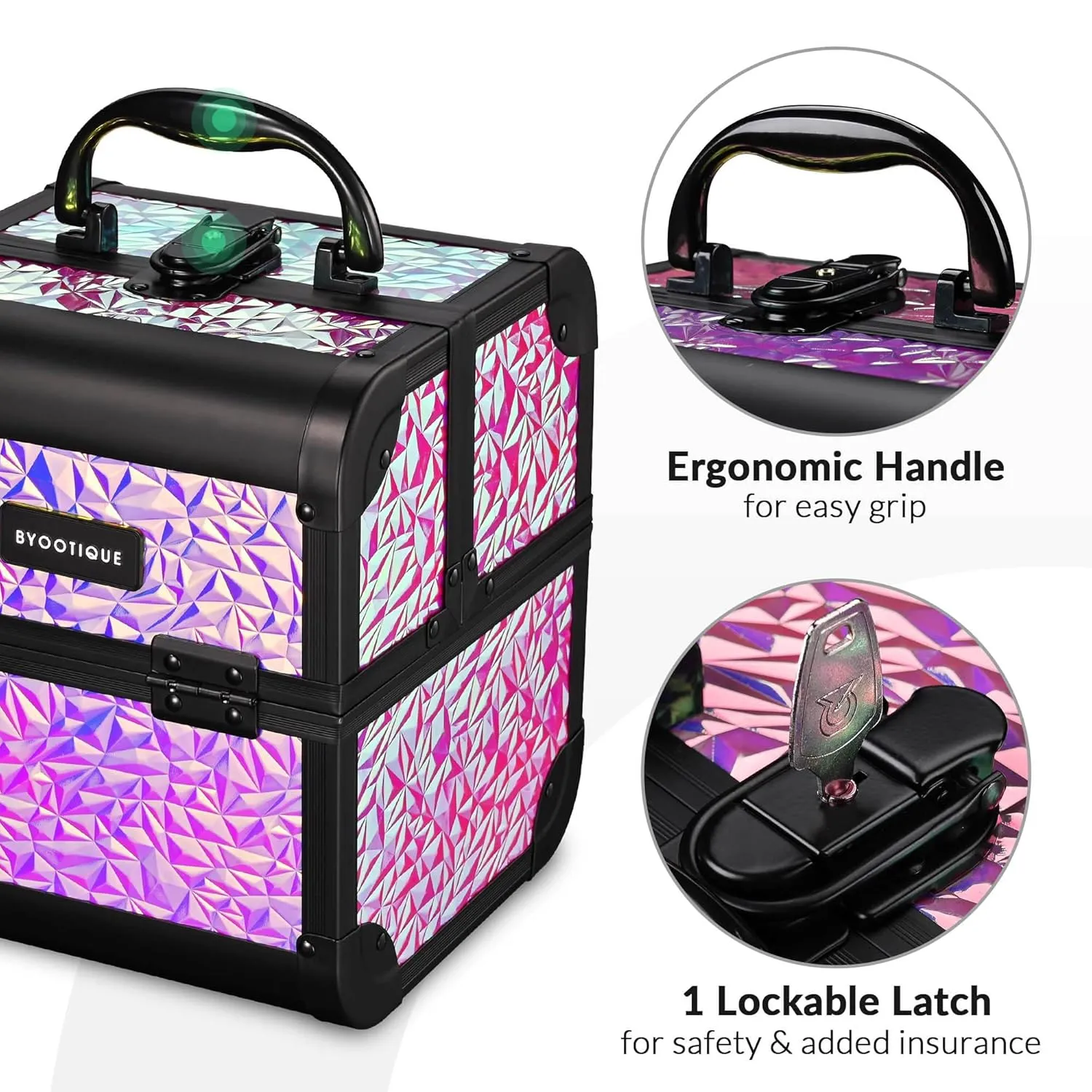 BYOOTIQUE Cosmetology Makeup Train Case 2-Tier Trays Portable Cosmetic Hairstylist Traveling Bag Storage Organizer Lockable Tattoo Box with Mirror for Artist Salon School Nail Tech,Mermaid Pink