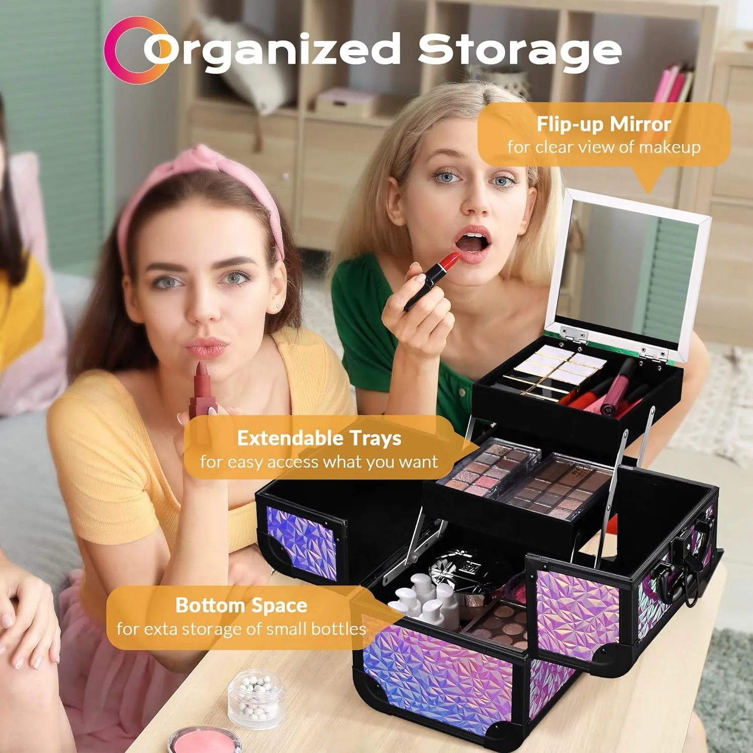 BYOOTIQUE Cosmetology Makeup Train Case 2-Tier Trays Portable Cosmetic Hairstylist Traveling Bag Storage Organizer Lockable Tattoo Box with Mirror for Artist Salon School Nail Tech,Mermaid Pink