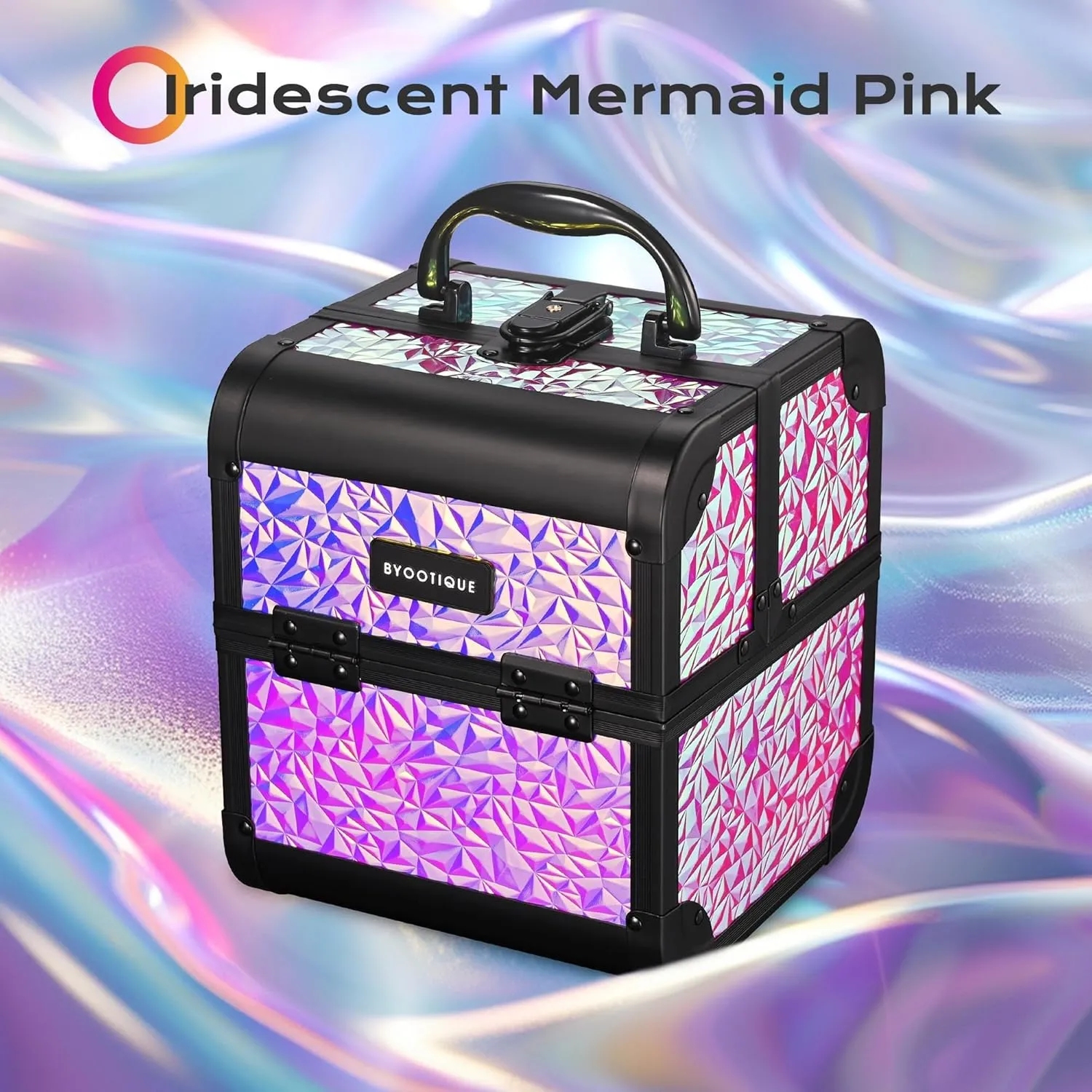 BYOOTIQUE Cosmetology Makeup Train Case 2-Tier Trays Portable Cosmetic Hairstylist Traveling Bag Storage Organizer Lockable Tattoo Box with Mirror for Artist Salon School Nail Tech,Mermaid Pink