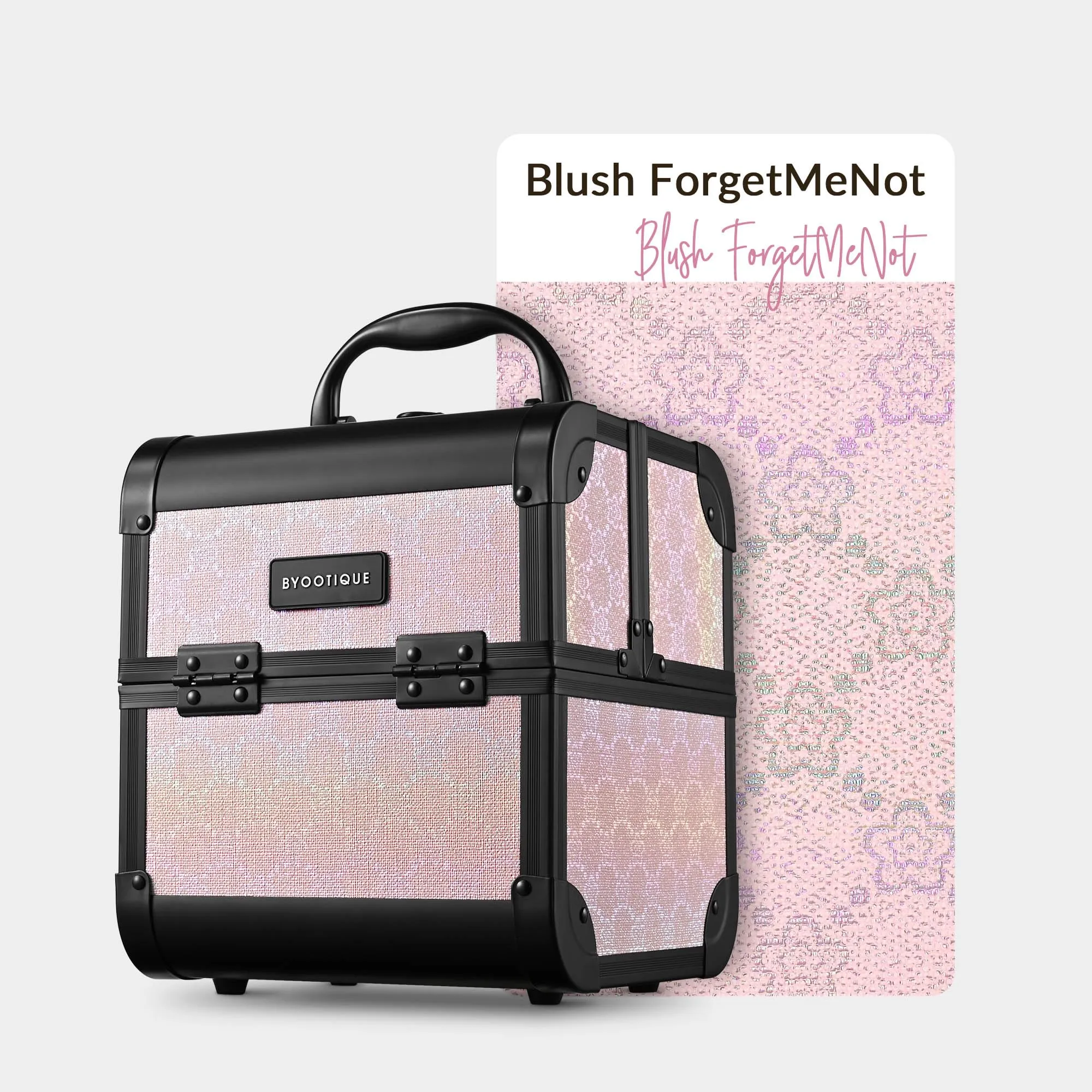 BYOOTIQUE Makeup Train Case 2-Tier Trays Portable Cosmetic Cases Travel Makeup Storage Organizer Lockable Box with Mirror for Makeup Artist Nail Tech,Blush ForgetMeNot