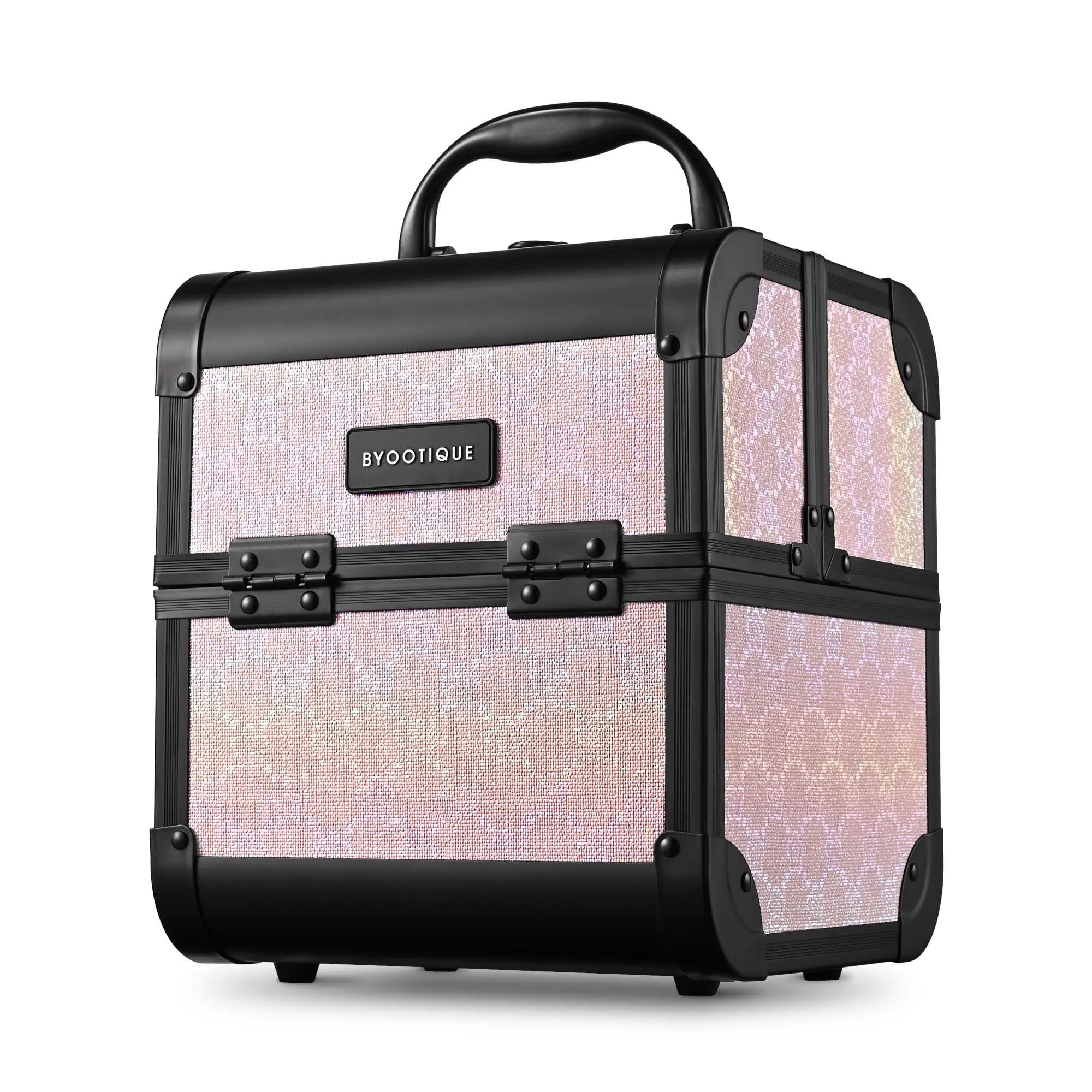 BYOOTIQUE Makeup Train Case 2-Tier Trays Portable Cosmetic Cases Travel Makeup Storage Organizer Lockable Box with Mirror for Makeup Artist Nail Tech,Blush ForgetMeNot