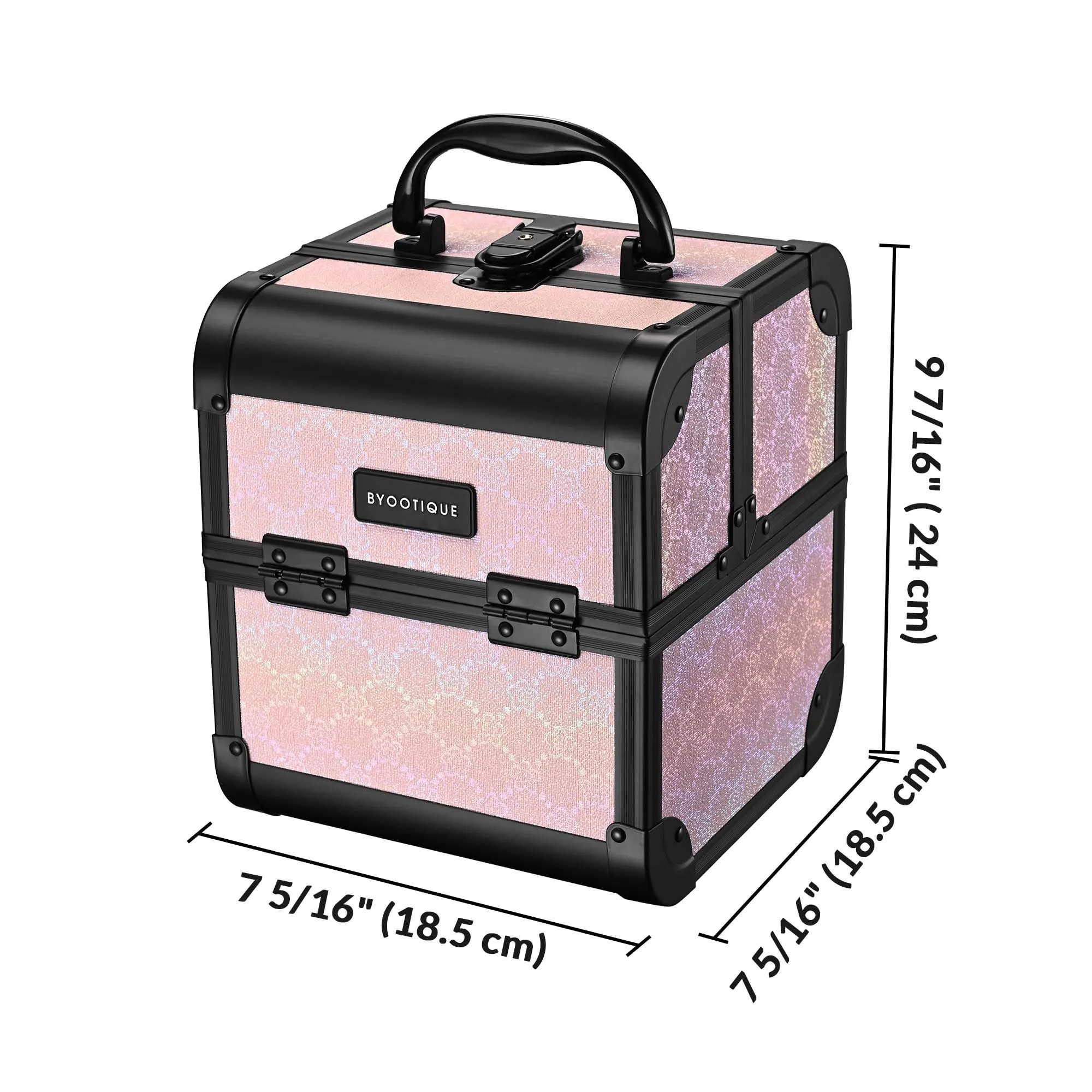 BYOOTIQUE Makeup Train Case 2-Tier Trays Portable Cosmetic Cases Travel Makeup Storage Organizer Lockable Box with Mirror for Makeup Artist Nail Tech,Blush ForgetMeNot