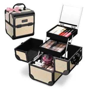 BYOOTIQUE Makeup Train Case 2-Tier Trays Portable Cosmetic Cases Travel Makeup Storage Organizer Lockable Box with Mirror for Makeup Artist Nail Tech,Grace ForgetMeNot
