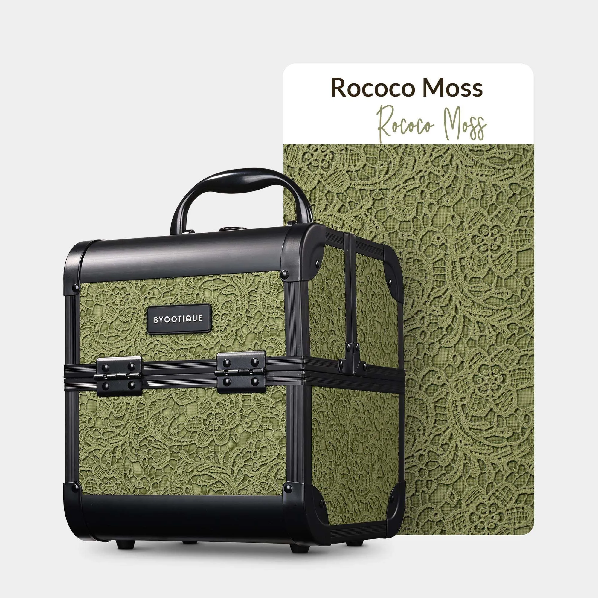 BYOOTIQUE Makeup Train Case 2-Tier Trays Portable Cosmetic Cases Travel Makeup Storage Organizer Lockable Box with Mirror for Makeup Artist Nail Tech,Rococo Moss