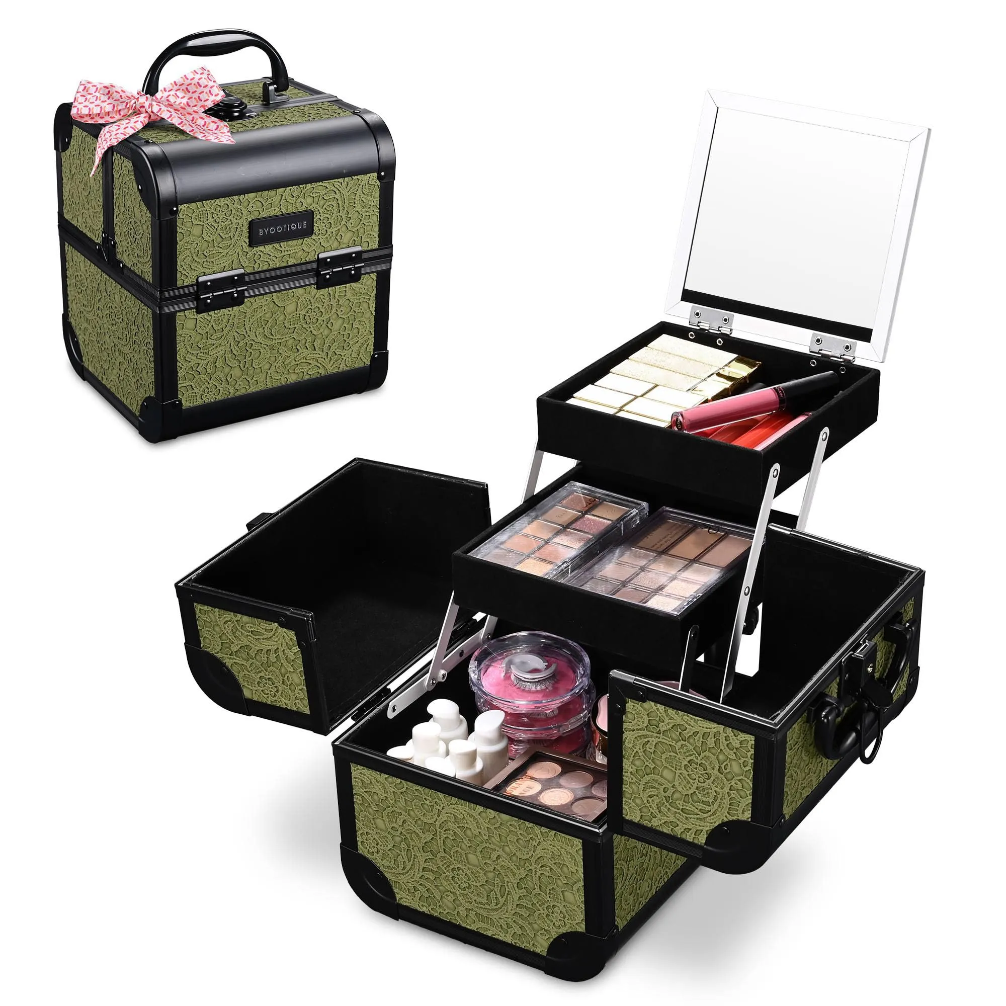 BYOOTIQUE Makeup Train Case 2-Tier Trays Portable Cosmetic Cases Travel Makeup Storage Organizer Lockable Box with Mirror for Makeup Artist Nail Tech,Rococo Moss