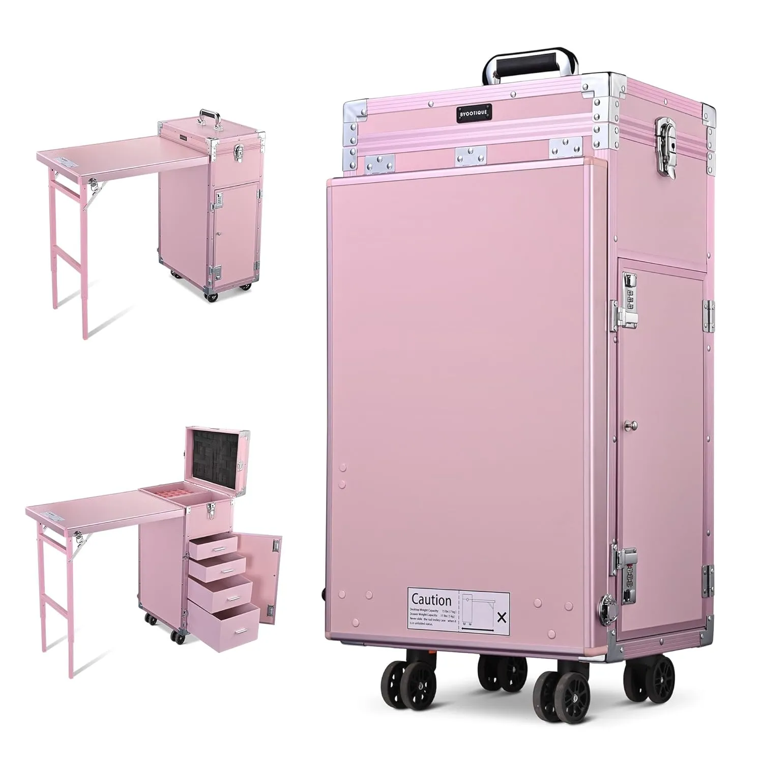 BYOOTIQUE Portable Manicure Table Desk Station for Nail Tech Organizer Rolling Makeup Case with Wheels 4 Drawers Storage for Manicurist Technician Workstation Artist,Pink