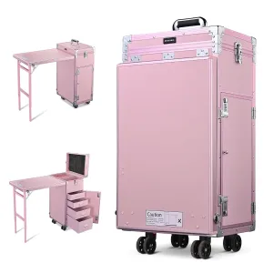 BYOOTIQUE Portable Manicure Table Desk Station for Nail Tech Organizer Rolling Makeup Case with Wheels 4 Drawers Storage for Manicurist Technician Workstation Artist,Pink