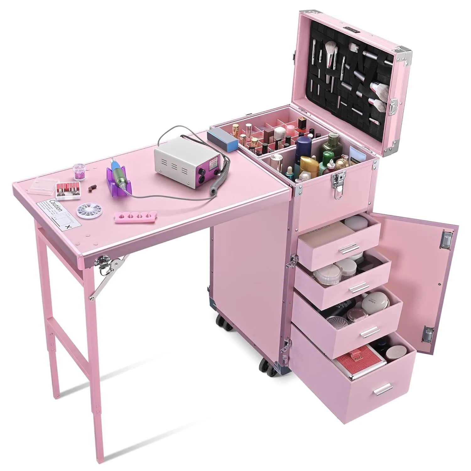 BYOOTIQUE Portable Manicure Table Desk Station for Nail Tech Organizer Rolling Makeup Case with Wheels 4 Drawers Storage for Manicurist Technician Workstation Artist,Pink