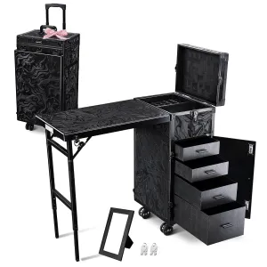 BYOOTIQUE Portable Nail Manicure Table Desk Station for Tech Organizer Storage Makeup Case with Wheels 4 Drawers for Manicurist Artist Technician Workstation, CTB Black