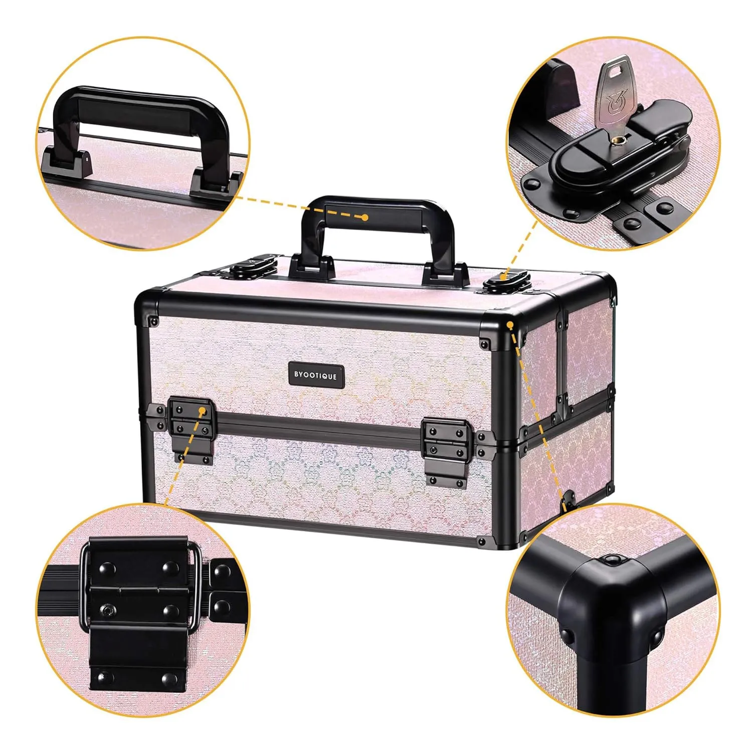 BYOOTIQUE Rolling Makeup Train Case 3-Piece Cosmetic Organizer Kit Trolley Organizer Travel Case Lockable Salon Barber Case Traveling Cart Trunk with Wheels for Makeup Artist Trave Nail