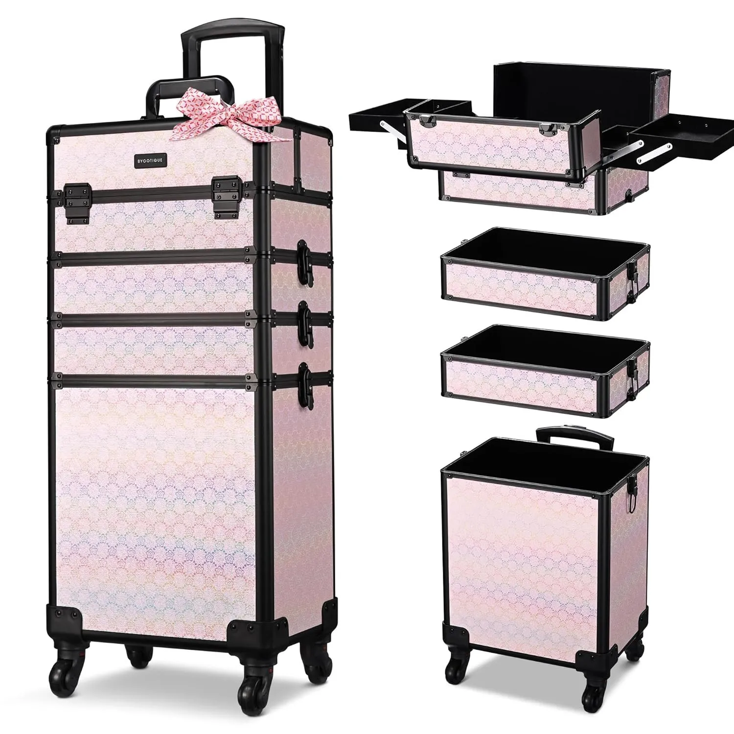BYOOTIQUE Rolling Makeup Train Case 3-Piece Cosmetic Organizer Kit Trolley Organizer Travel Case Lockable Salon Barber Case Traveling Cart Trunk with Wheels for Makeup Artist Trave Nail