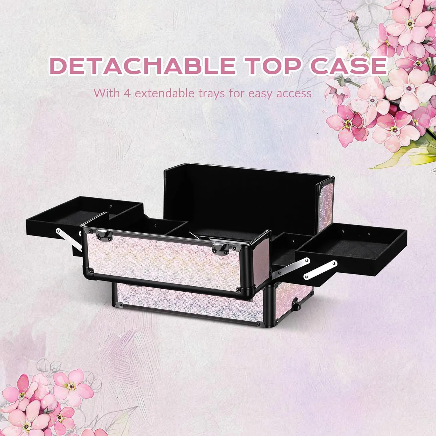 BYOOTIQUE Rolling Makeup Train Case 3-Piece Cosmetic Organizer Kit Trolley Organizer Travel Case Lockable Salon Barber Case Traveling Cart Trunk with Wheels for Makeup Artist Trave Nail