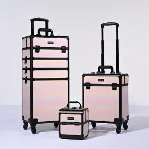 BYOOTIQUE Rolling Makeup Train Case 3-Piece Cosmetic Organizer Kit Trolley Organizer Travel Case Lockable Salon Barber Case Traveling Cart Trunk with Wheels for Makeup Artist Trave Nail