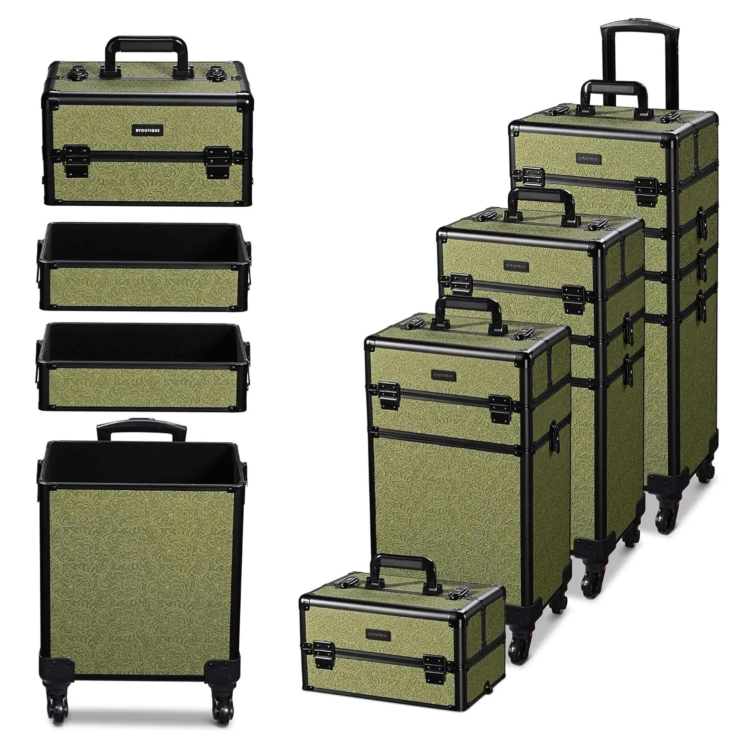 BYOOTIQUE Rolling Makeup Train Case 3-Piece Cosmetic Organizer Kit Trolley Organizer Travel Case Lockable Salon Barber Case Traveling Cart Trunk with Wheels for Makeup Artist Trave Nail,Rococo Green