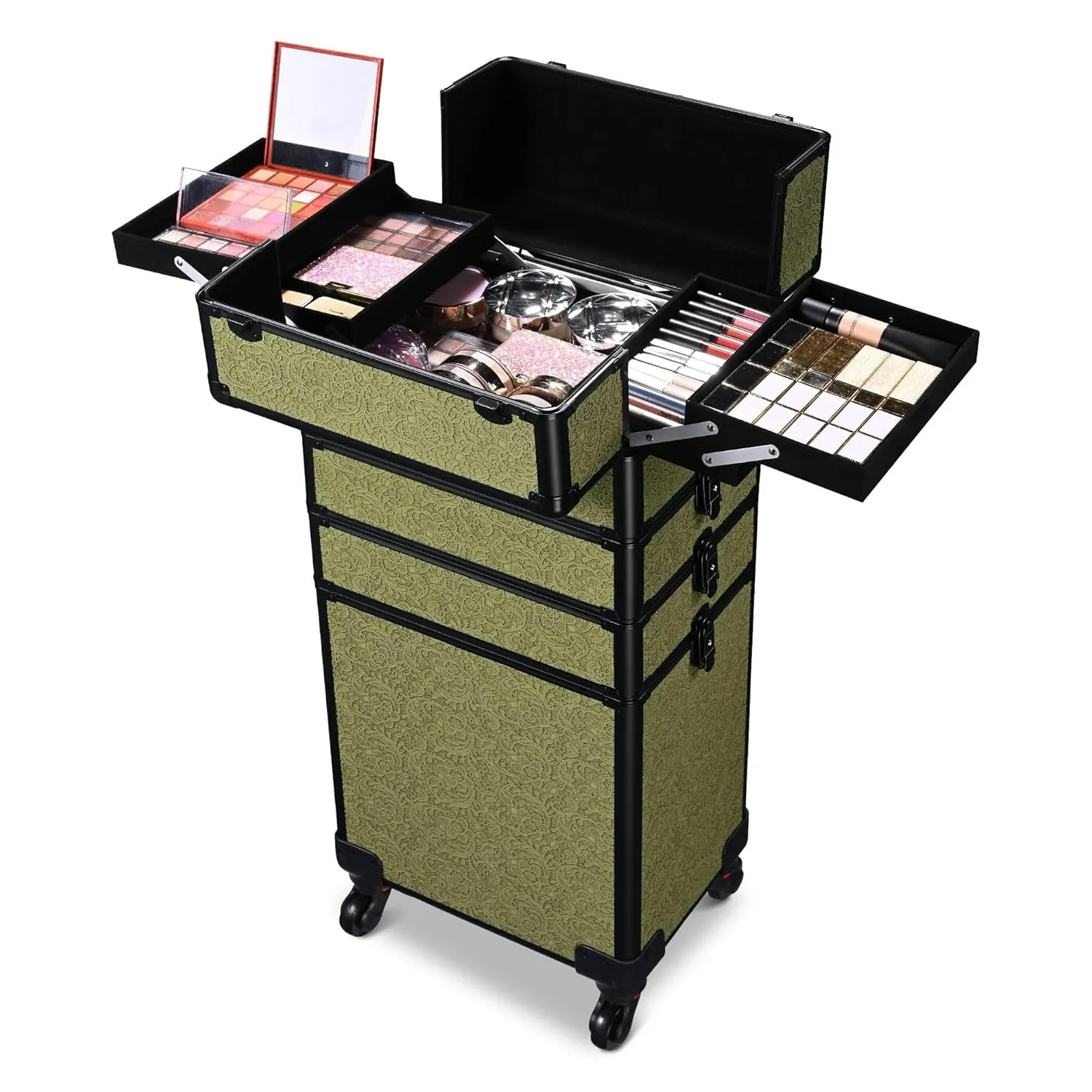 BYOOTIQUE Rolling Makeup Train Case 3-Piece Cosmetic Organizer Kit Trolley Organizer Travel Case Lockable Salon Barber Case Traveling Cart Trunk with Wheels for Makeup Artist Trave Nail,Rococo Green