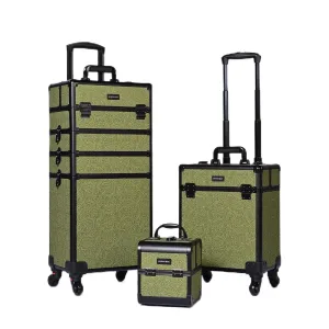 BYOOTIQUE Rolling Makeup Train Case 3-Piece Cosmetic Organizer Kit Trolley Organizer Travel Case Lockable Salon Barber Case Traveling Cart Trunk with Wheels for Makeup Artist Trave Nail,Rococo Green