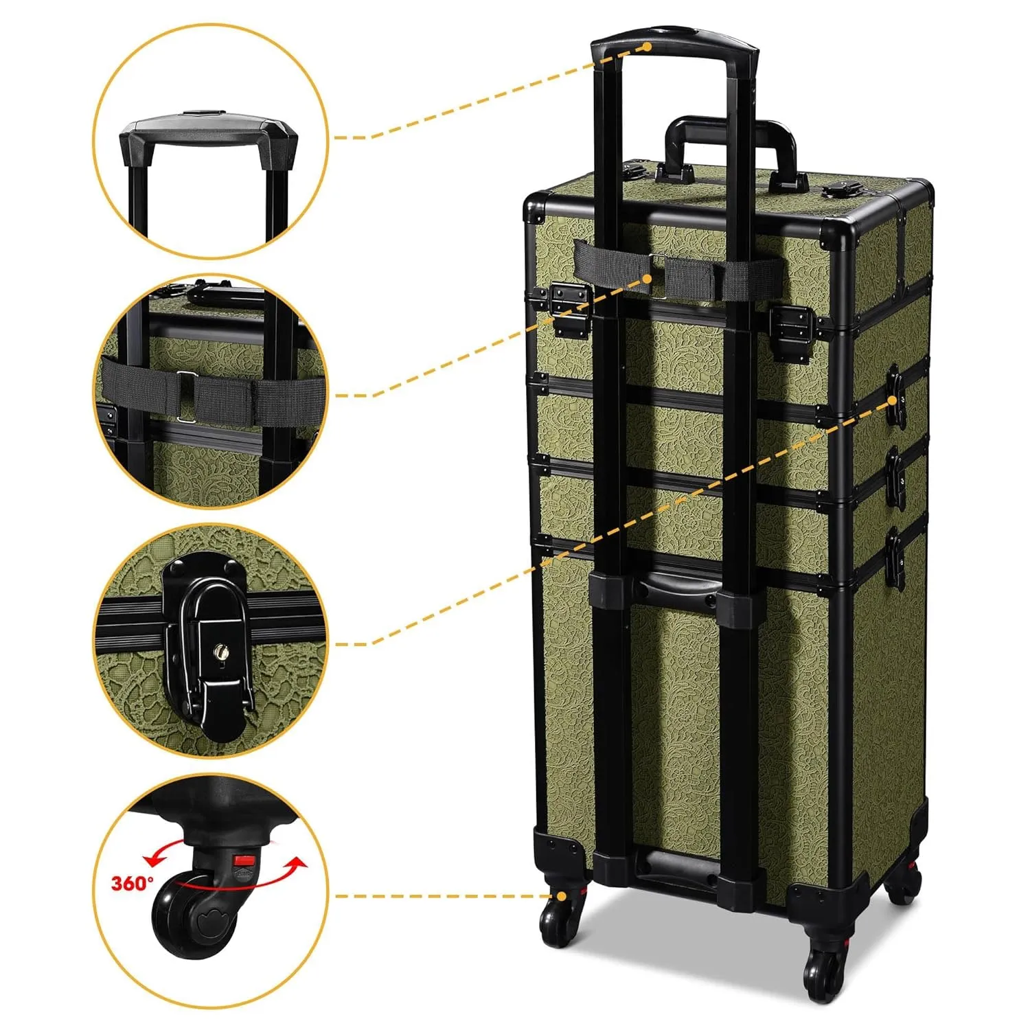 BYOOTIQUE Rolling Makeup Train Case 3-Piece Cosmetic Organizer Kit Trolley Organizer Travel Case Lockable Salon Barber Case Traveling Cart Trunk with Wheels for Makeup Artist Trave Nail,Rococo Green