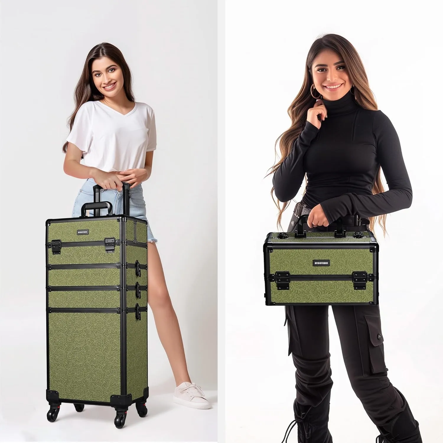 BYOOTIQUE Rolling Makeup Train Case 3-Piece Cosmetic Organizer Kit Trolley Organizer Travel Case Lockable Salon Barber Case Traveling Cart Trunk with Wheels for Makeup Artist Trave Nail,Rococo Green