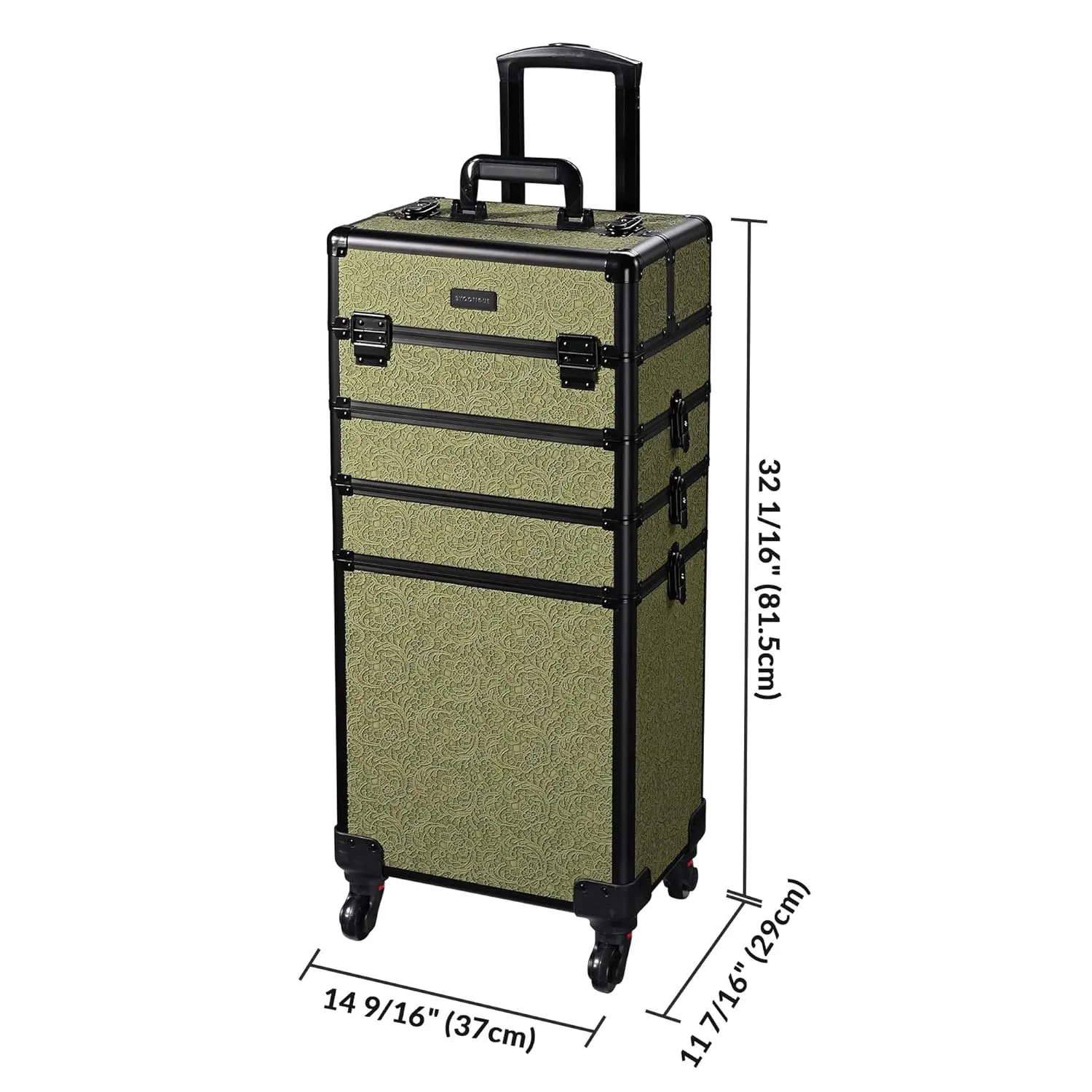 BYOOTIQUE Rolling Makeup Train Case 3-Piece Cosmetic Organizer Kit Trolley Organizer Travel Case Lockable Salon Barber Case Traveling Cart Trunk with Wheels for Makeup Artist Trave Nail,Rococo Green