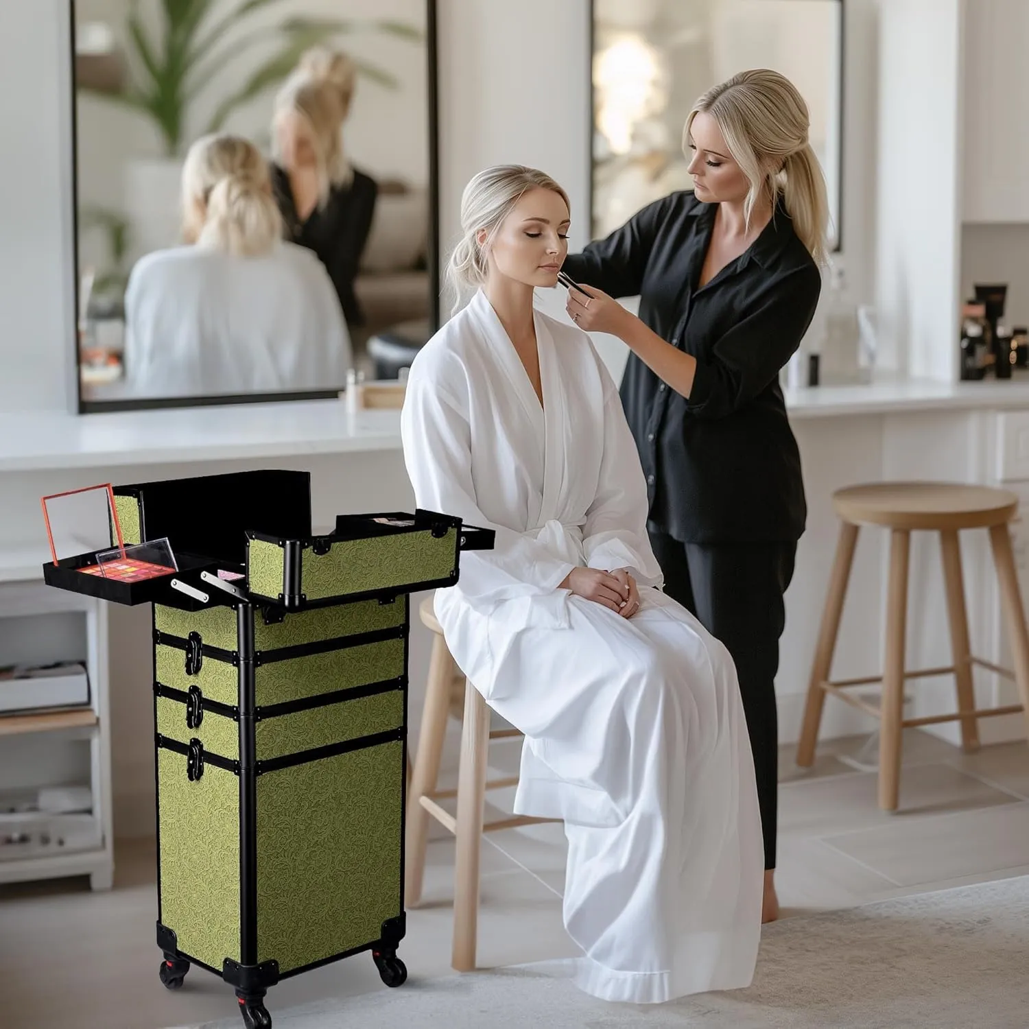 BYOOTIQUE Rolling Makeup Train Case 3-Piece Cosmetic Organizer Kit Trolley Organizer Travel Case Lockable Salon Barber Case Traveling Cart Trunk with Wheels for Makeup Artist Trave Nail,Rococo Green
