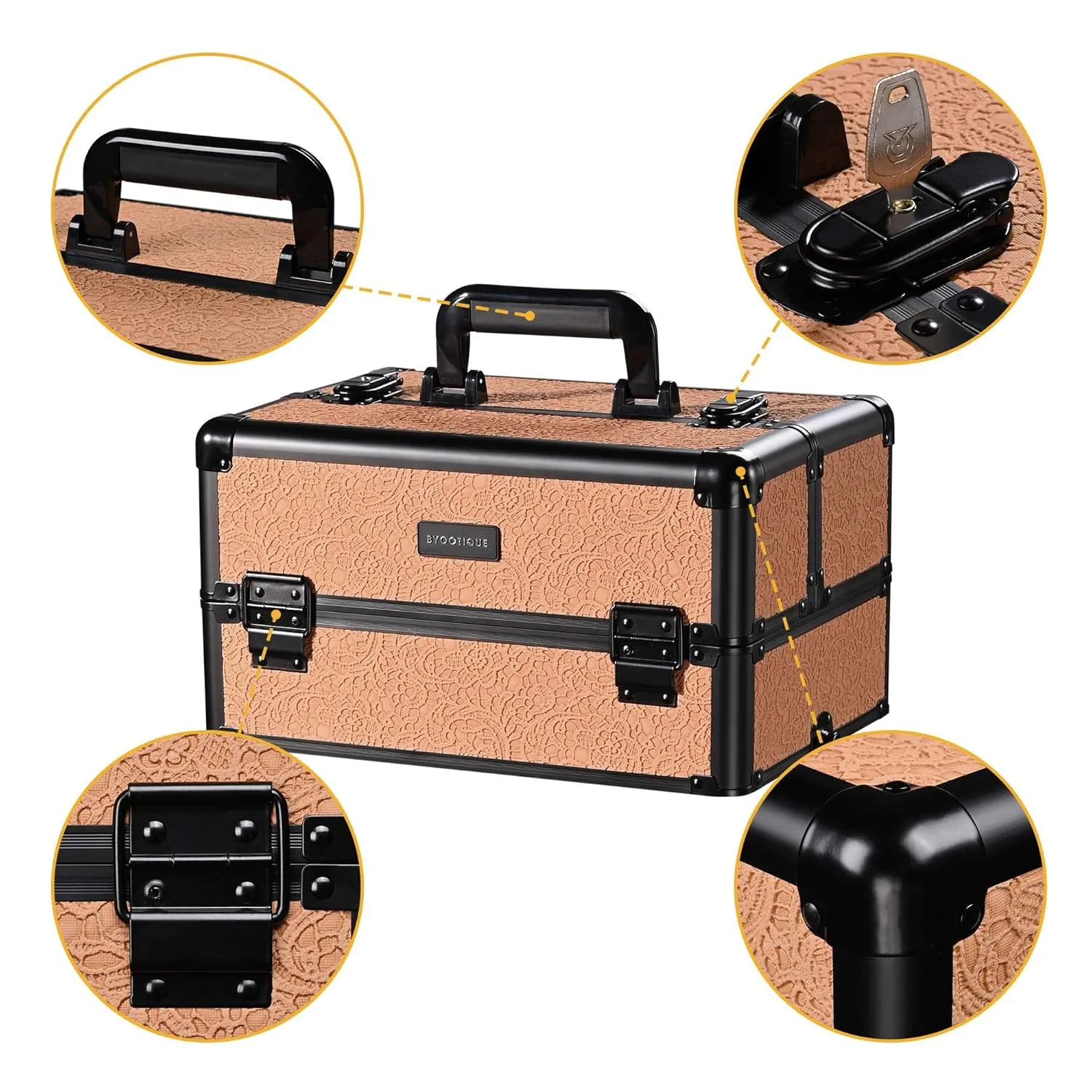 BYOOTIQUE Rolling Makeup Train Case 3-Piece Cosmetic Organizer Kit Trolley Organizer Travel Case Lockable Salon Barber Case Traveling Cart Trunk with Wheels for Makeup Artist Trave Nail,Rococo Orange