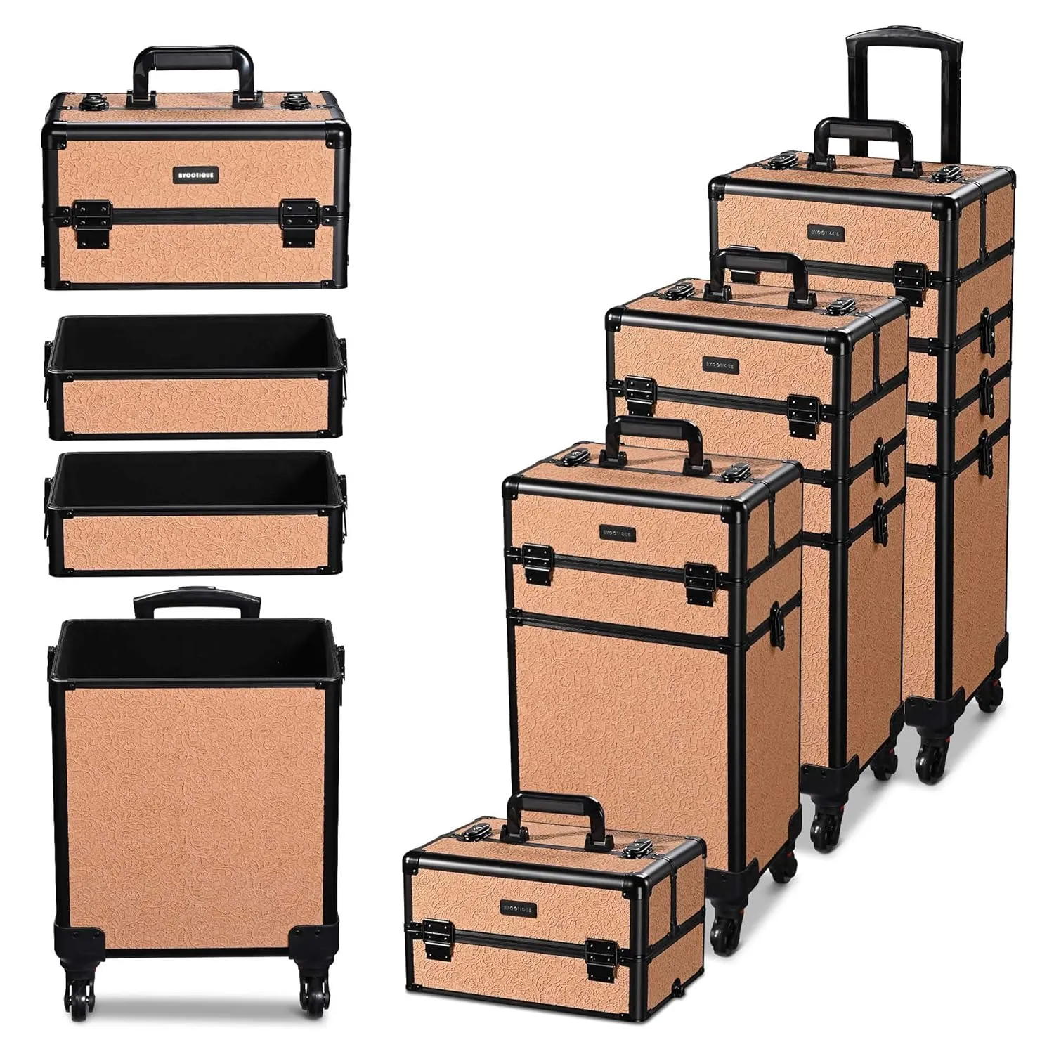 BYOOTIQUE Rolling Makeup Train Case 3-Piece Cosmetic Organizer Kit Trolley Organizer Travel Case Lockable Salon Barber Case Traveling Cart Trunk with Wheels for Makeup Artist Trave Nail,Rococo Orange