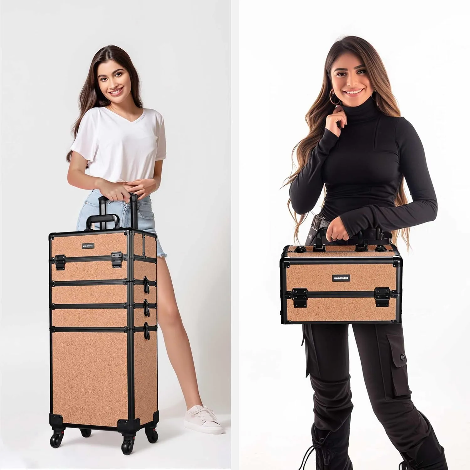 BYOOTIQUE Rolling Makeup Train Case 3-Piece Cosmetic Organizer Kit Trolley Organizer Travel Case Lockable Salon Barber Case Traveling Cart Trunk with Wheels for Makeup Artist Trave Nail,Rococo Orange