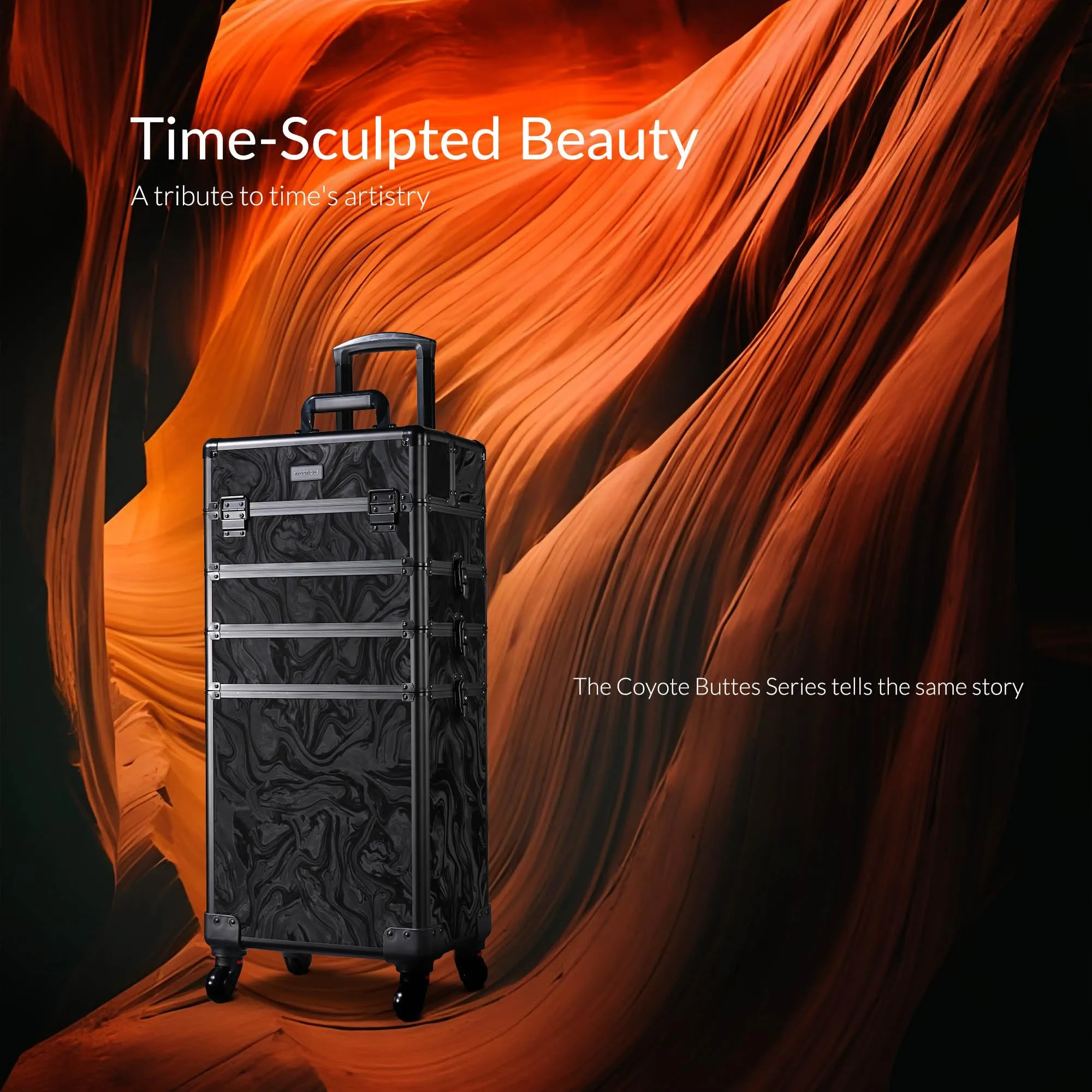 BYOOTIQUE Rolling Makeup Train Case 4in1 Cosmetic Trolley Organizer Lockable Salon Barber Cart Trunk with Wheels for Hairstylist Artist Trave Nail,CoyoteButtes Shadows