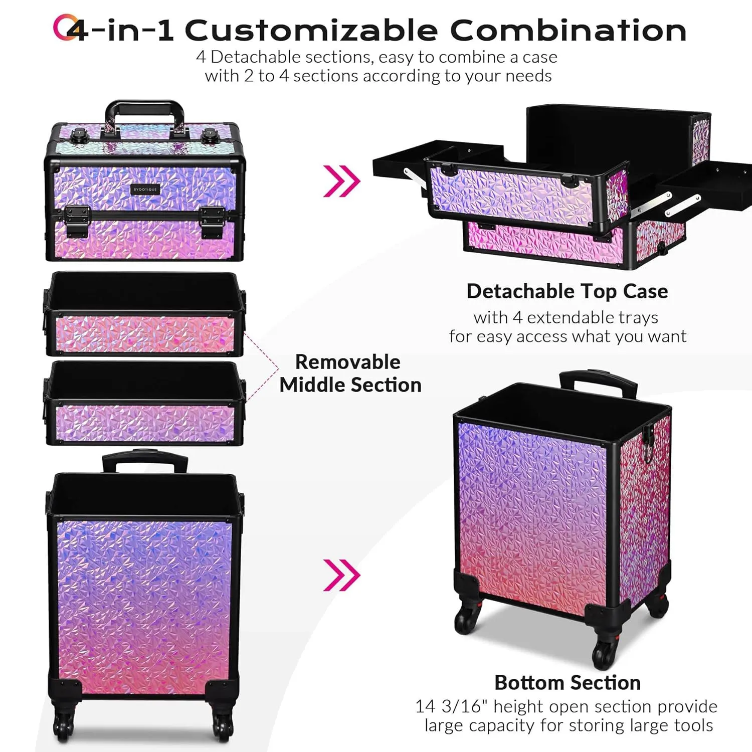 BYOOTIQUE Rolling Makeup Train Case 4in1 Cosmetic Trolley Organizer Travel Lockable Salon Barber Cart Trunk with Wheels for Women Hairstylist Artist Trave Nail, Mermaid Pink