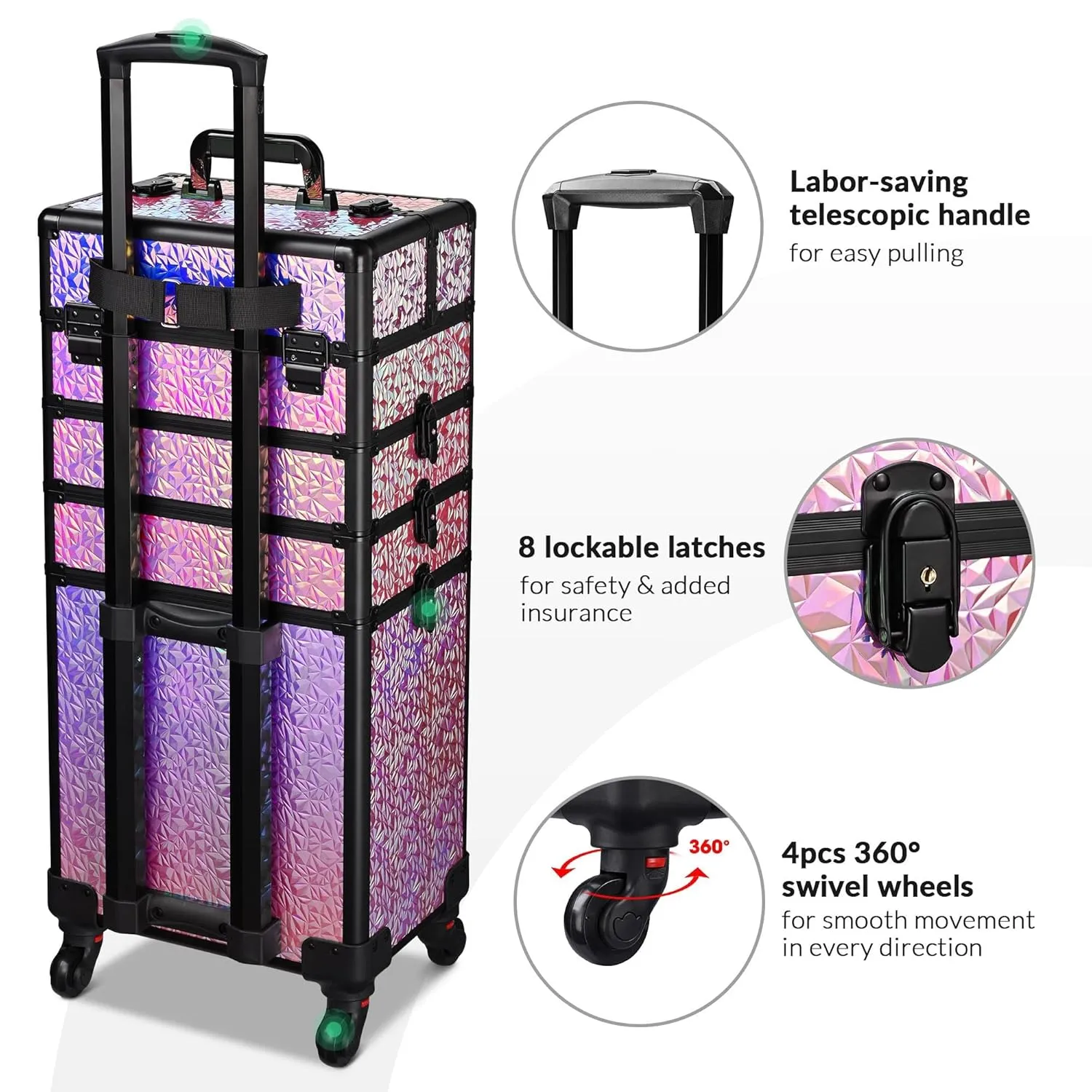 BYOOTIQUE Rolling Makeup Train Case 4in1 Cosmetic Trolley Organizer Travel Lockable Salon Barber Cart Trunk with Wheels for Women Hairstylist Artist Trave Nail, Mermaid Pink