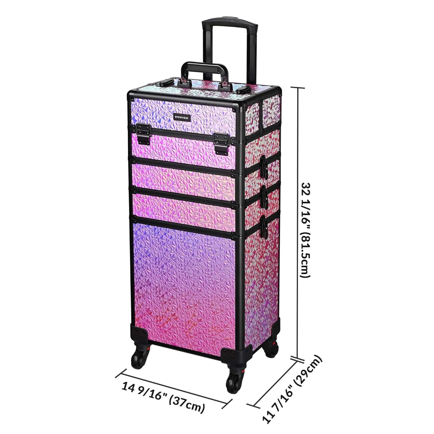 BYOOTIQUE Rolling Makeup Train Case 4in1 Cosmetic Trolley Organizer Travel Lockable Salon Barber Cart Trunk with Wheels for Women Hairstylist Artist Trave Nail, Mermaid Pink