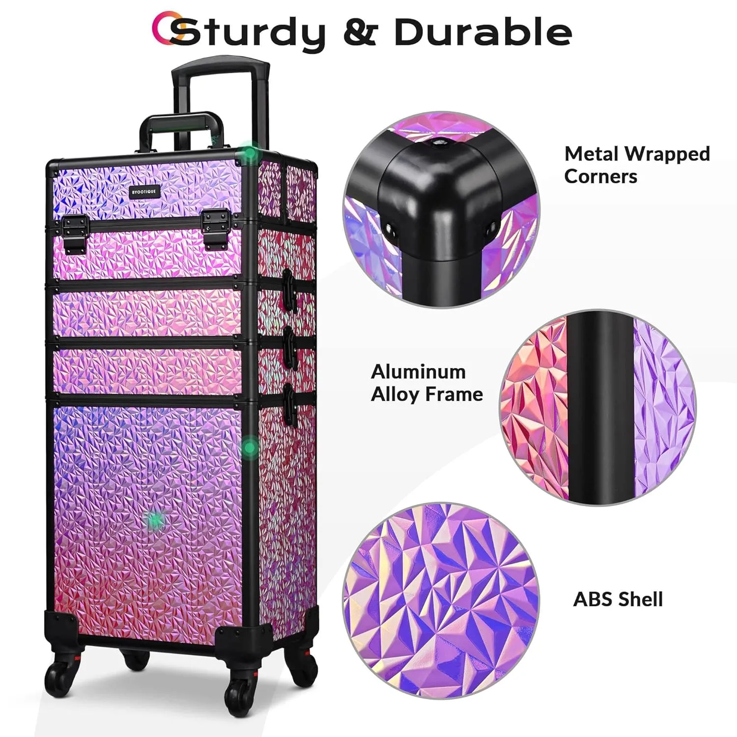 BYOOTIQUE Rolling Makeup Train Case 4in1 Cosmetic Trolley Organizer Travel Lockable Salon Barber Cart Trunk with Wheels for Women Hairstylist Artist Trave Nail, Mermaid Pink