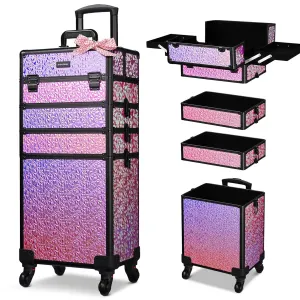 BYOOTIQUE Rolling Makeup Train Case 4in1 Cosmetic Trolley Organizer Travel Lockable Salon Barber Cart Trunk with Wheels for Women Hairstylist Artist Trave Nail, Mermaid Pink