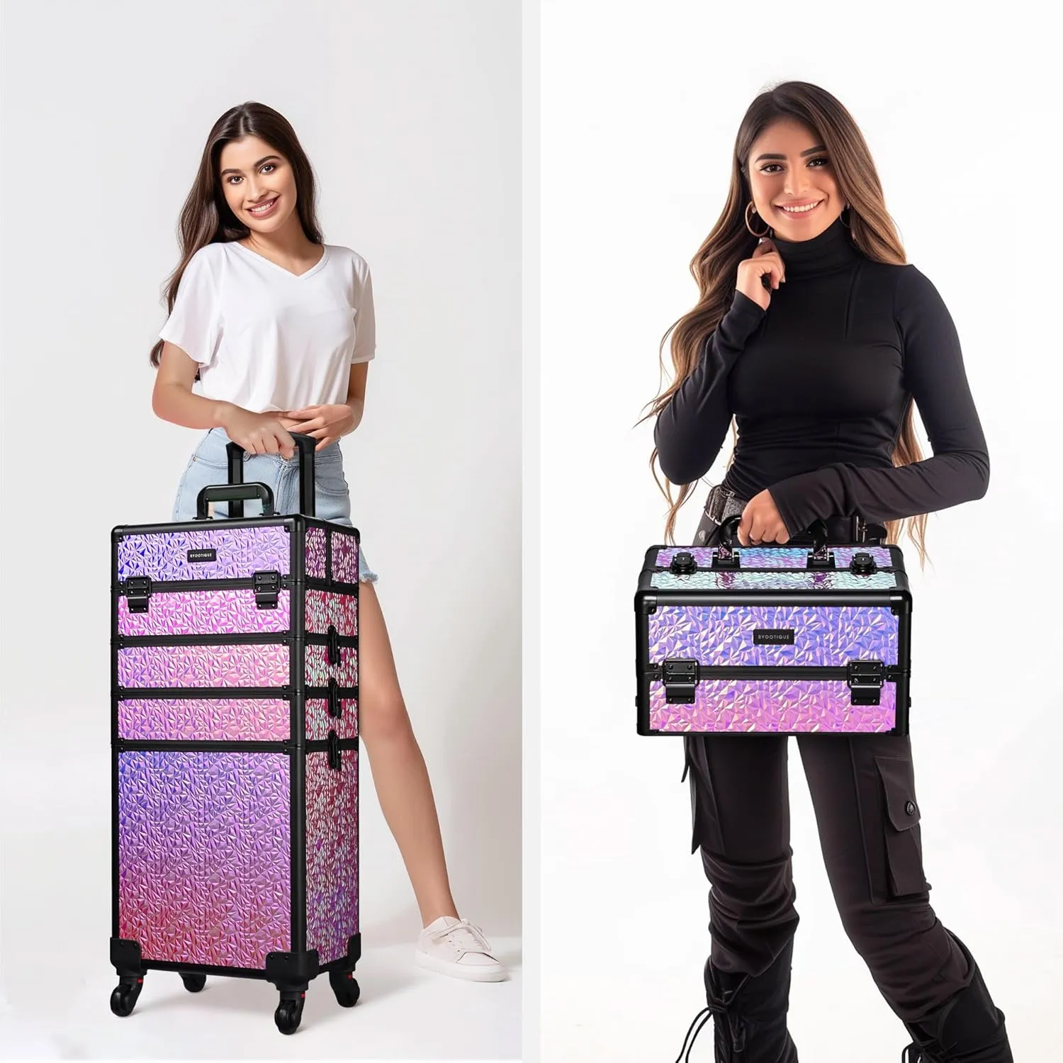 BYOOTIQUE Rolling Makeup Train Case 4in1 Cosmetic Trolley Organizer Travel Lockable Salon Barber Cart Trunk with Wheels for Women Hairstylist Artist Trave Nail, Mermaid Pink
