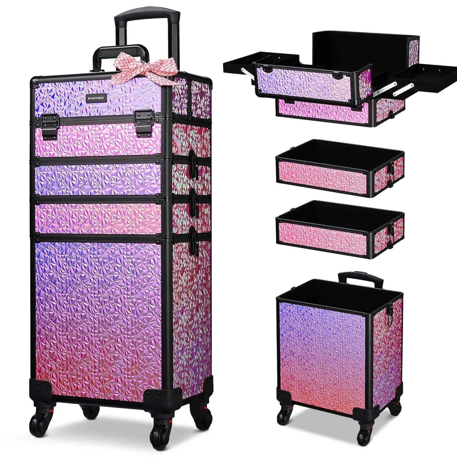 BYOOTIQUE Rolling Makeup Train Case 4in1 Cosmetic Trolley Organizer Travel Lockable Salon Barber Cart Trunk with Wheels for Women Hairstylist Artist Trave Nail, Mermaid Pink