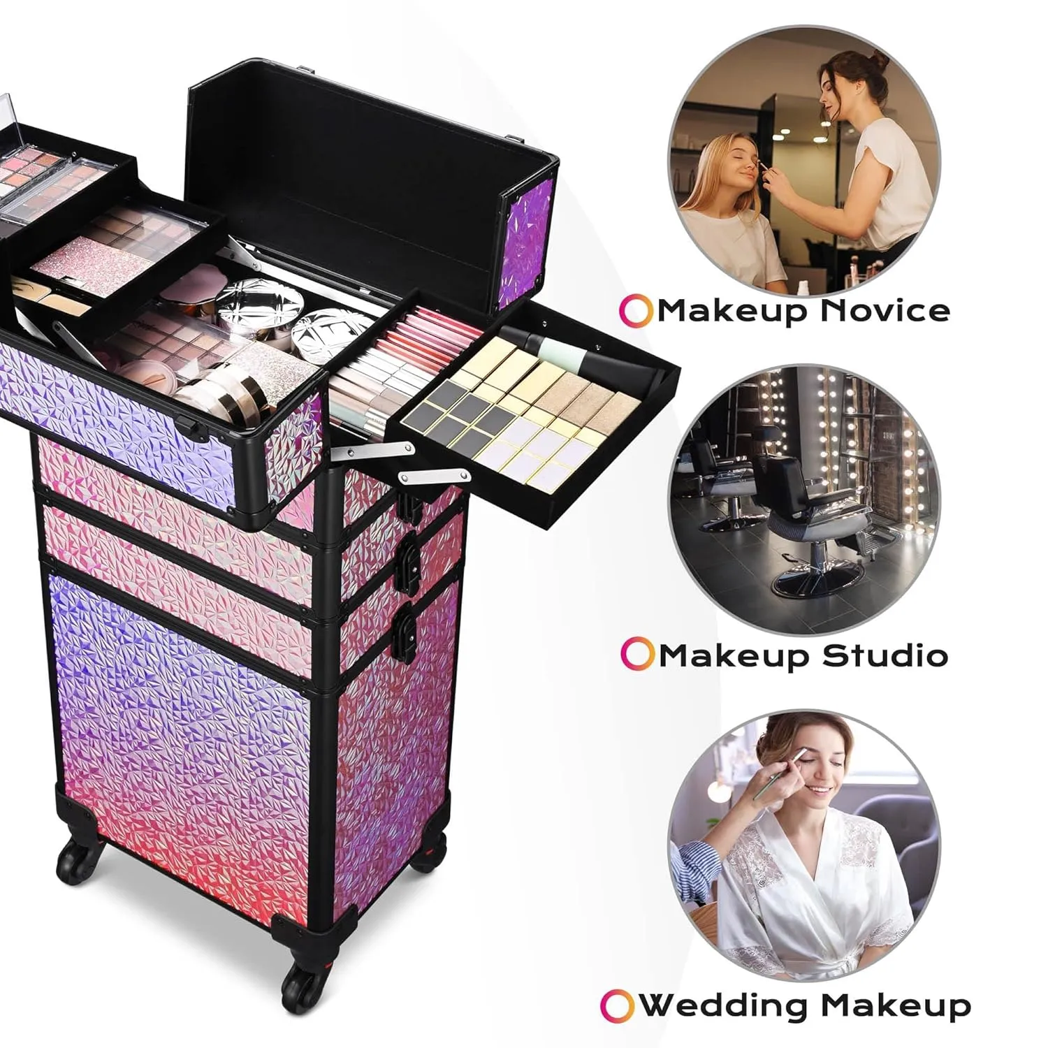 BYOOTIQUE Rolling Makeup Train Case 4in1 Cosmetic Trolley Organizer Travel Lockable Salon Barber Cart Trunk with Wheels for Women Hairstylist Artist Trave Nail, Mermaid Pink