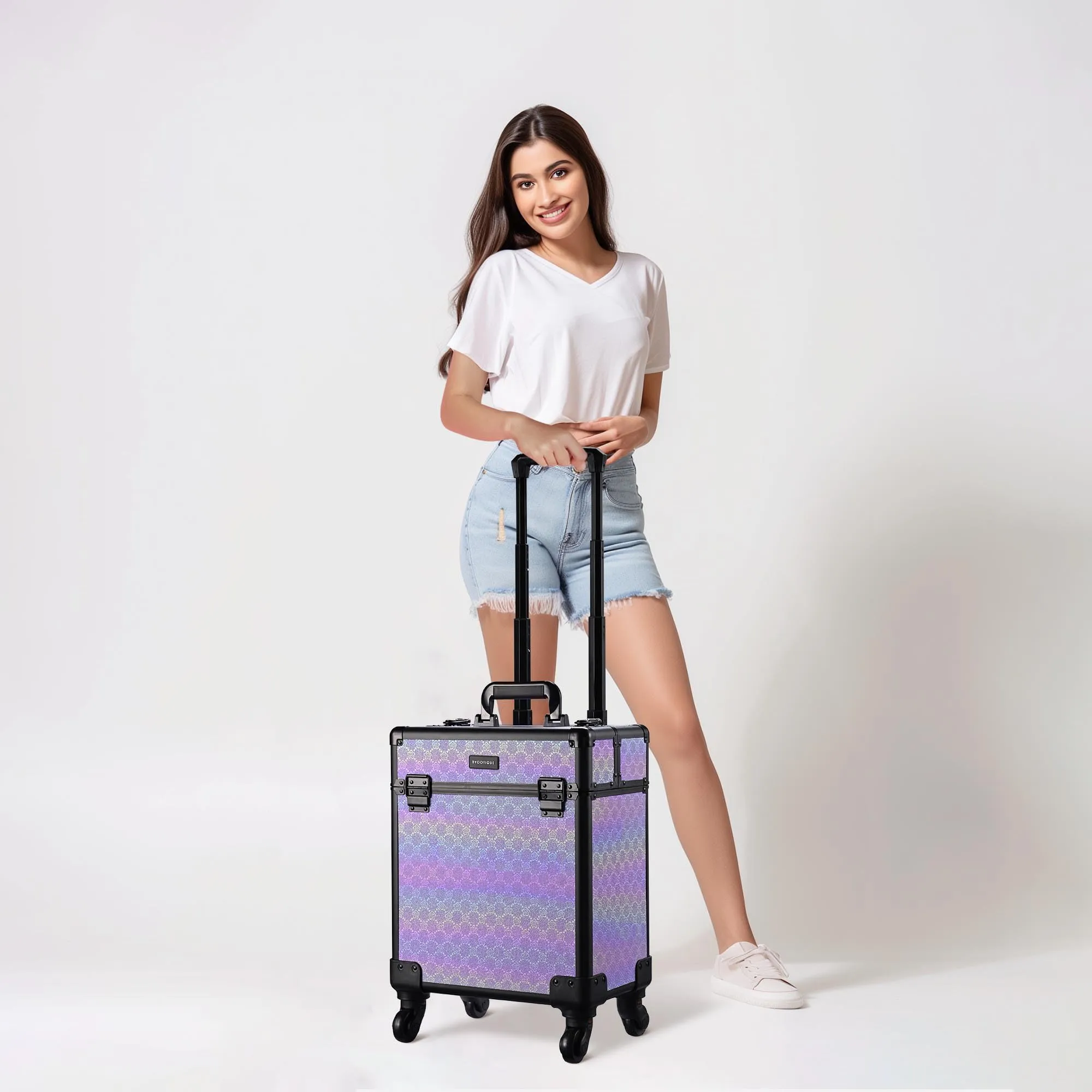 BYOOTIQUE Rolling Makeup Train Case Aluminum Cosmetic Portable Travel Trolley Suitcase with Removable Wheels Cosmetology Organizer Salon Barber Hairstylist,Charm ForgetMeNot